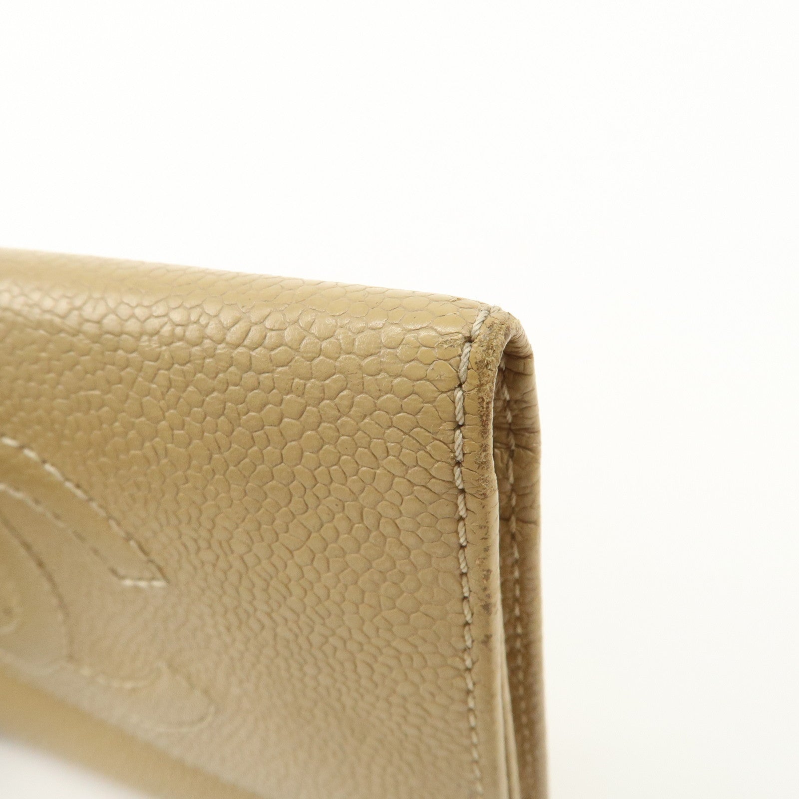CHANEL Caviar Skin COCO Mark Tri-Fold Wallet Beige Gold Used