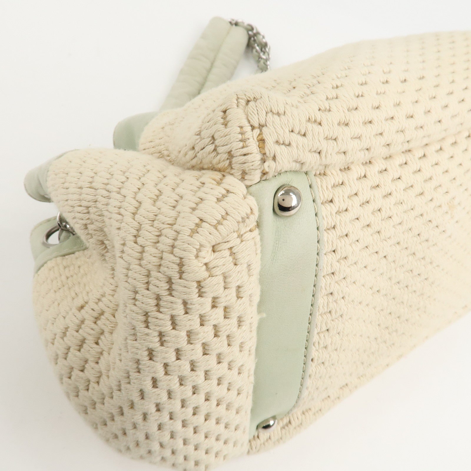 CHANEL Cotton Leather Chain Shoulder Bag Ivory Light Green Used