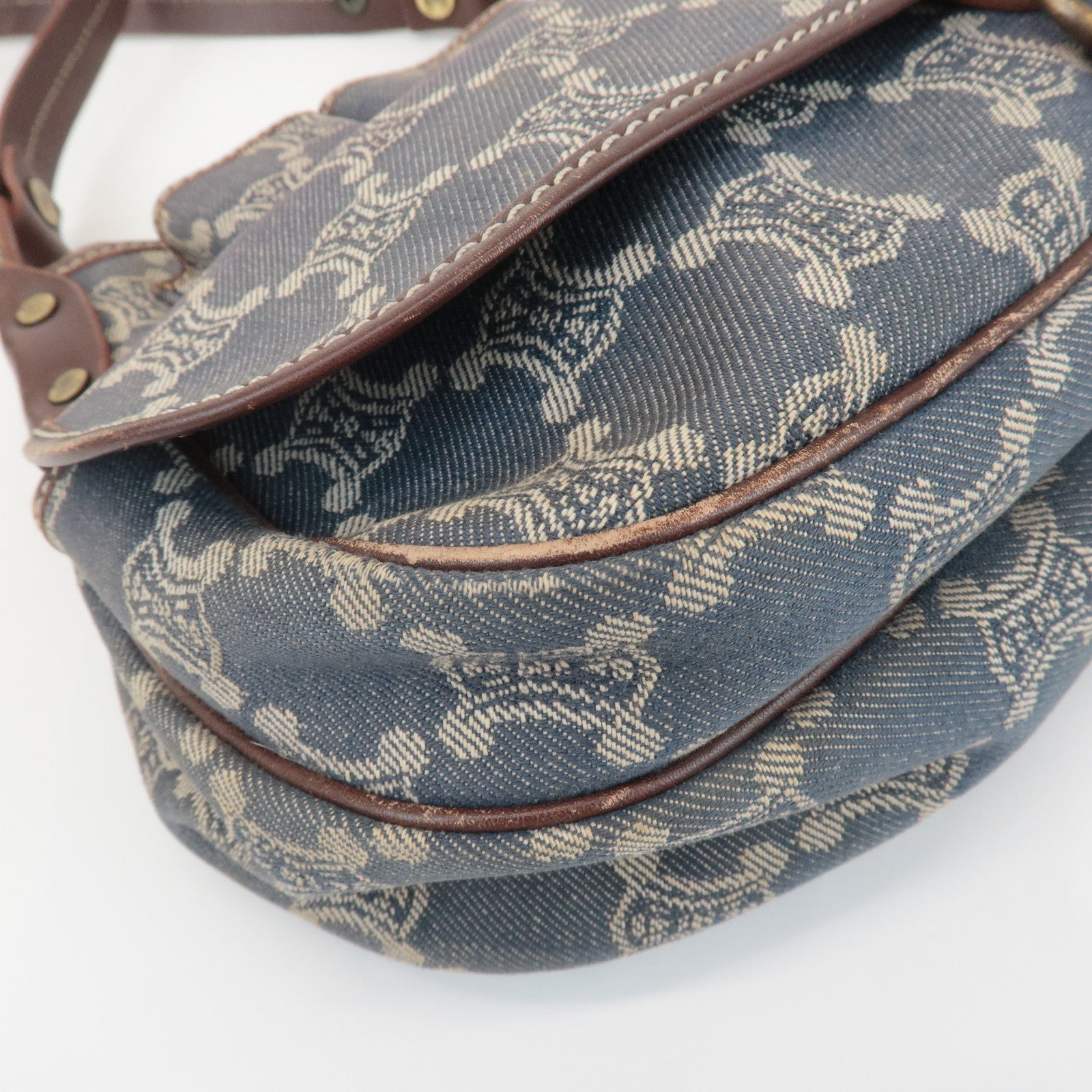 CELINE Macadam Denim Leather Shoulder Bag Blue Brown Used