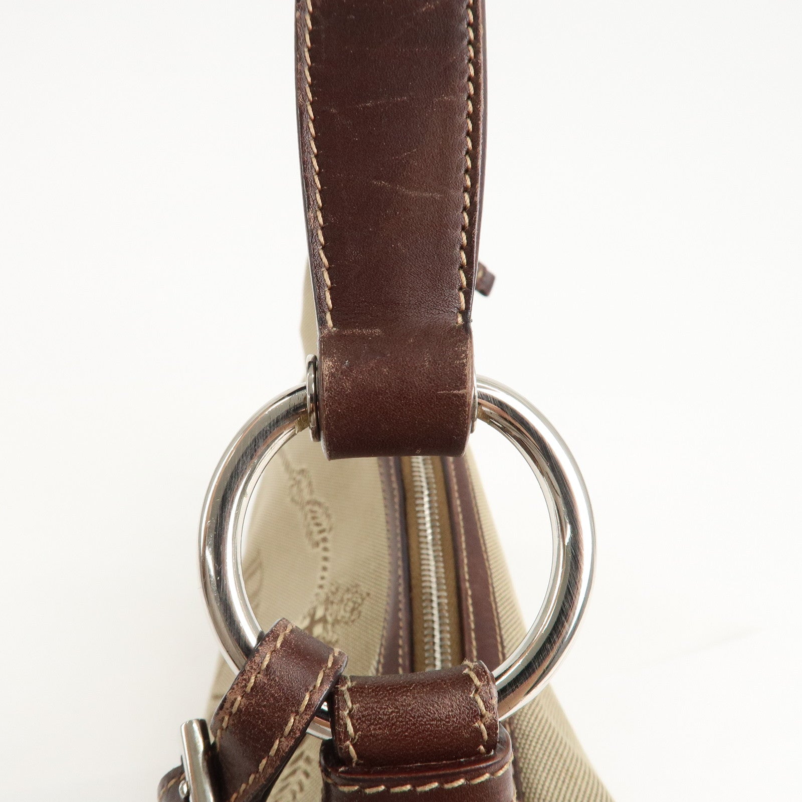 PRADA Logo Jacquard Leather Shoulder Bag Beige Brown Used