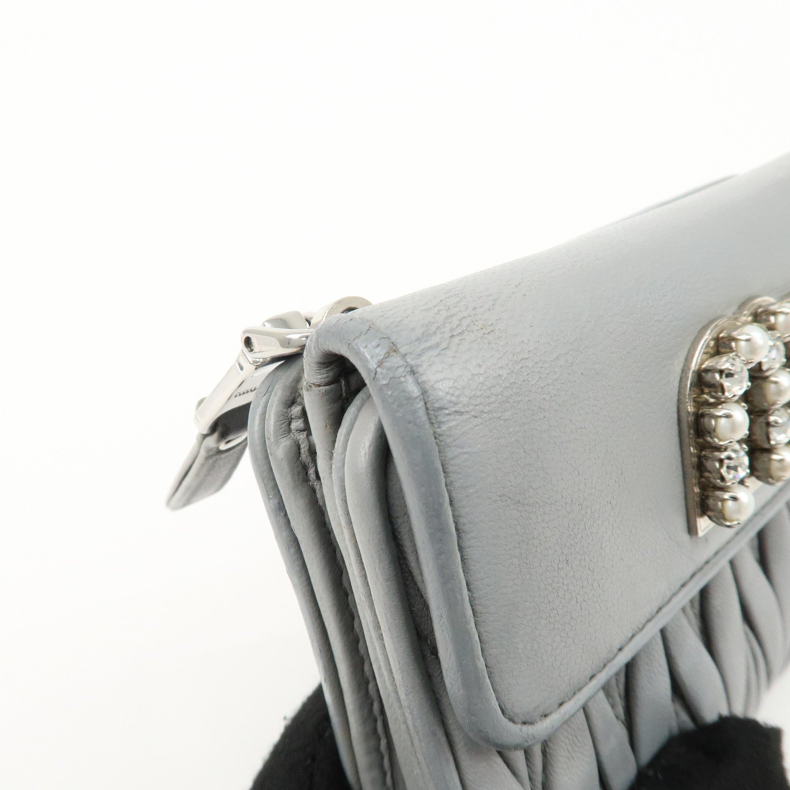 MIU MIU Matelasse Leather Bijoux Studs Tri-fold Wallet Gray Used