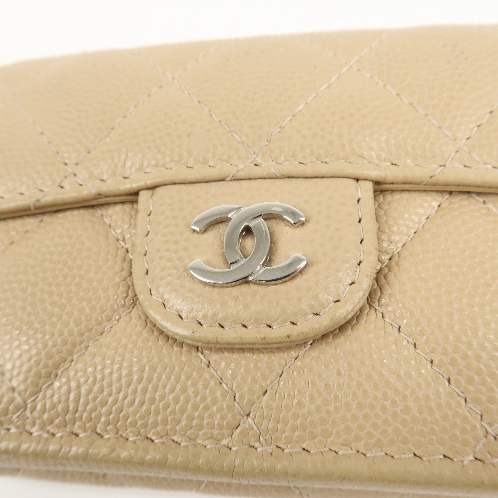 CHANEL Matelasse Cavier Skin Compact Wallet Beige Silver HDW Used