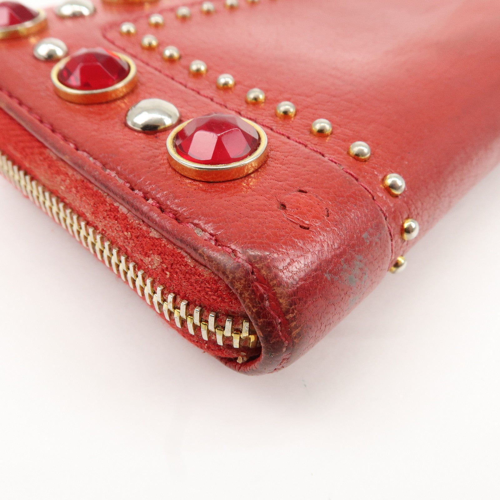 MIU MIU Leather Round Zipper Long Wallet Bijou Studs Red Used