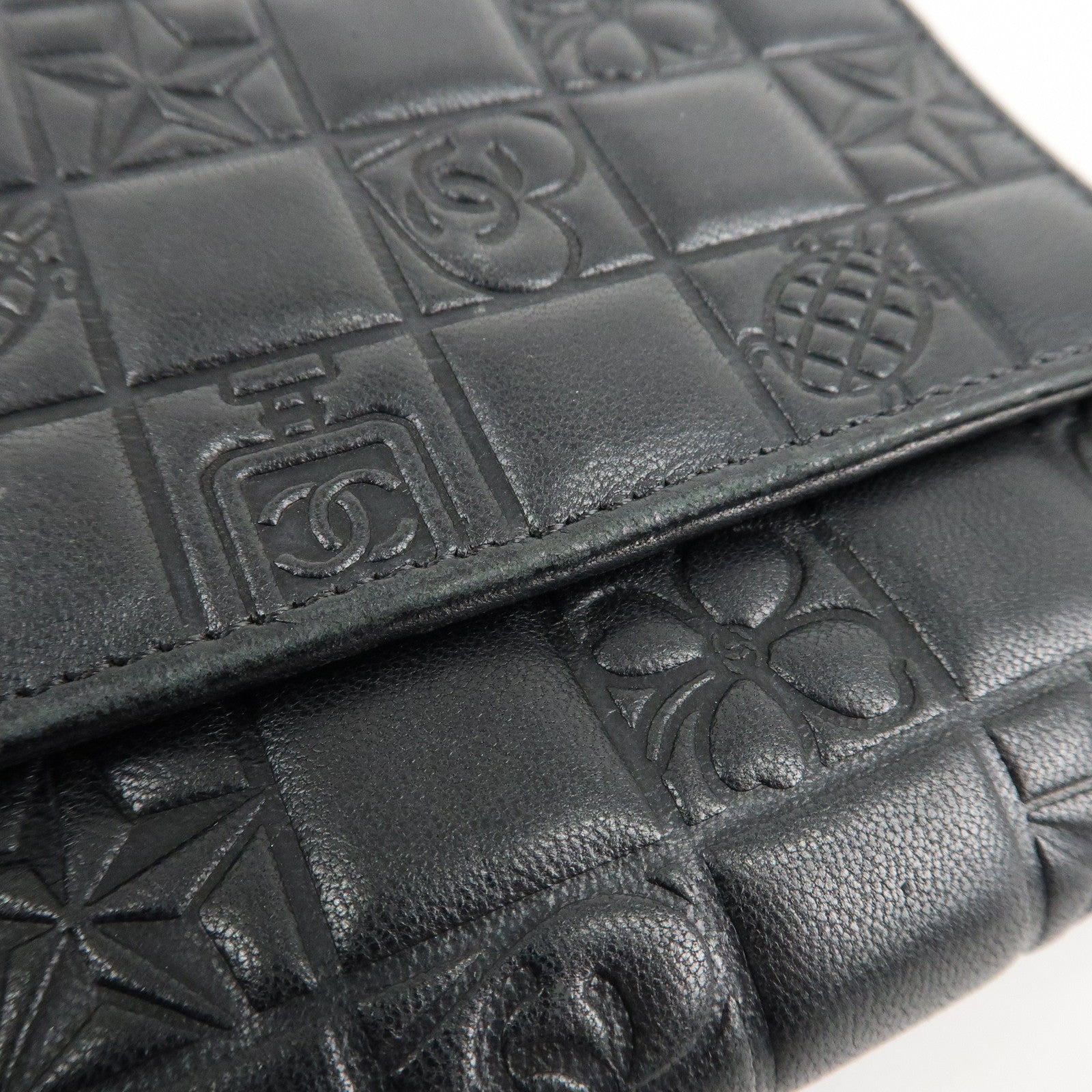 CHANEL Icon Line Lamb Skin W Flap Bi-fold Wallet Black A24212 Used