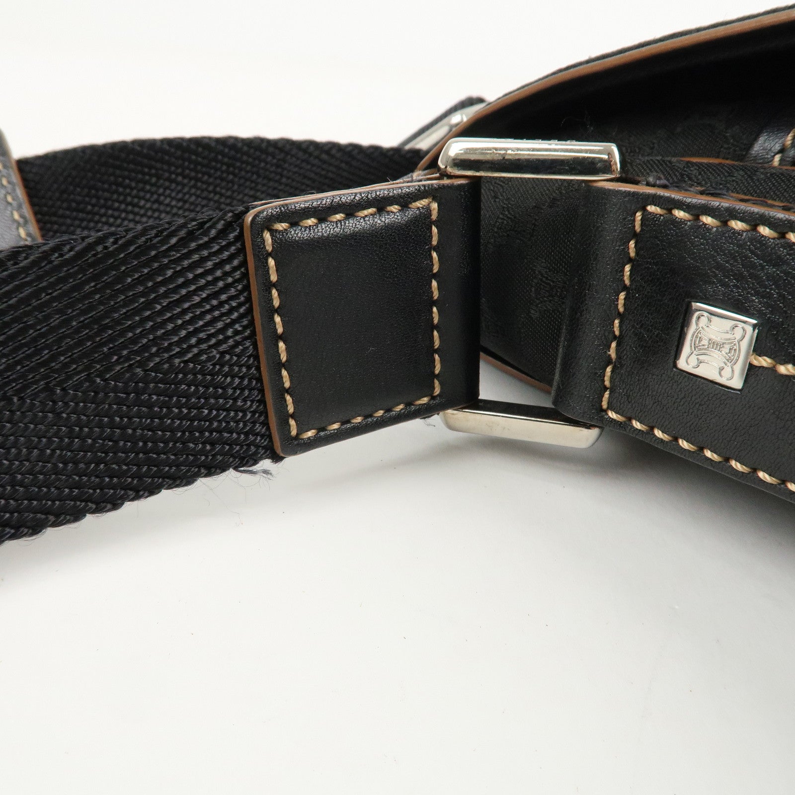 CELINE Macadam Canvas Leather Shoulder Bag Black Used