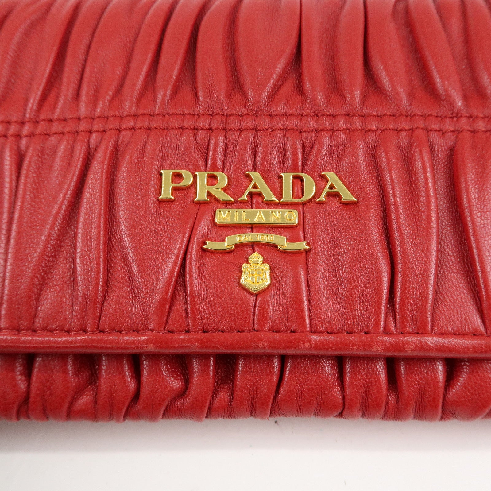 PRADA Logo Leather Bi-Fold Long Wallet Red Gold Hardware Used