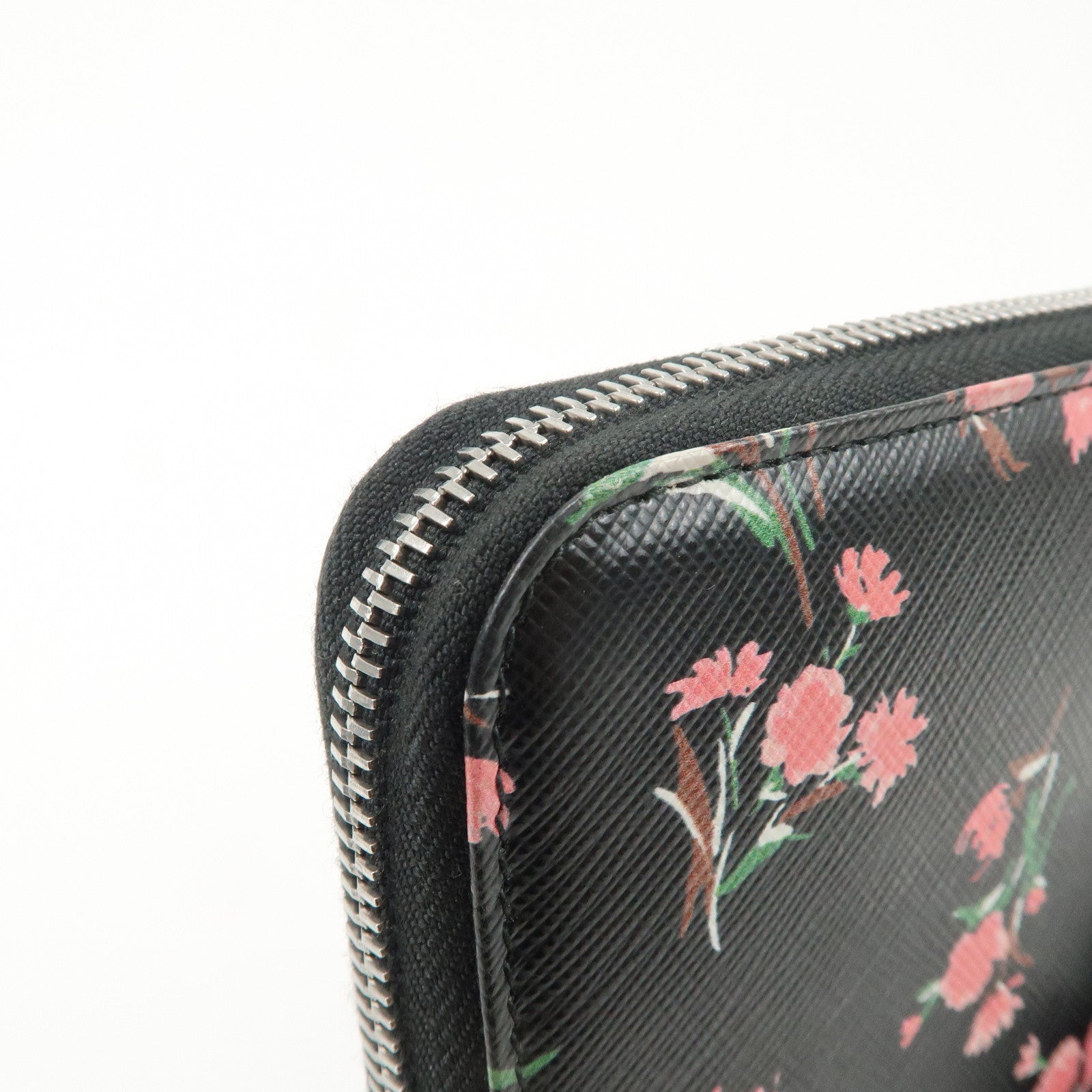 PRADA Logo Leather Round Zipper Long Wallet Flower 1ML506 Used