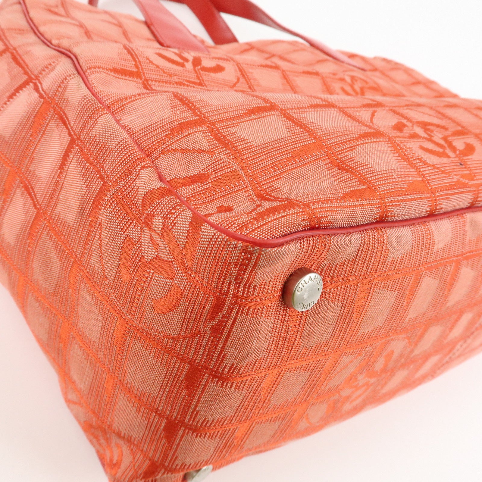 CHANEL New Travel Line Nylon Jacquard Leather Tote Bag Red A15991 Used