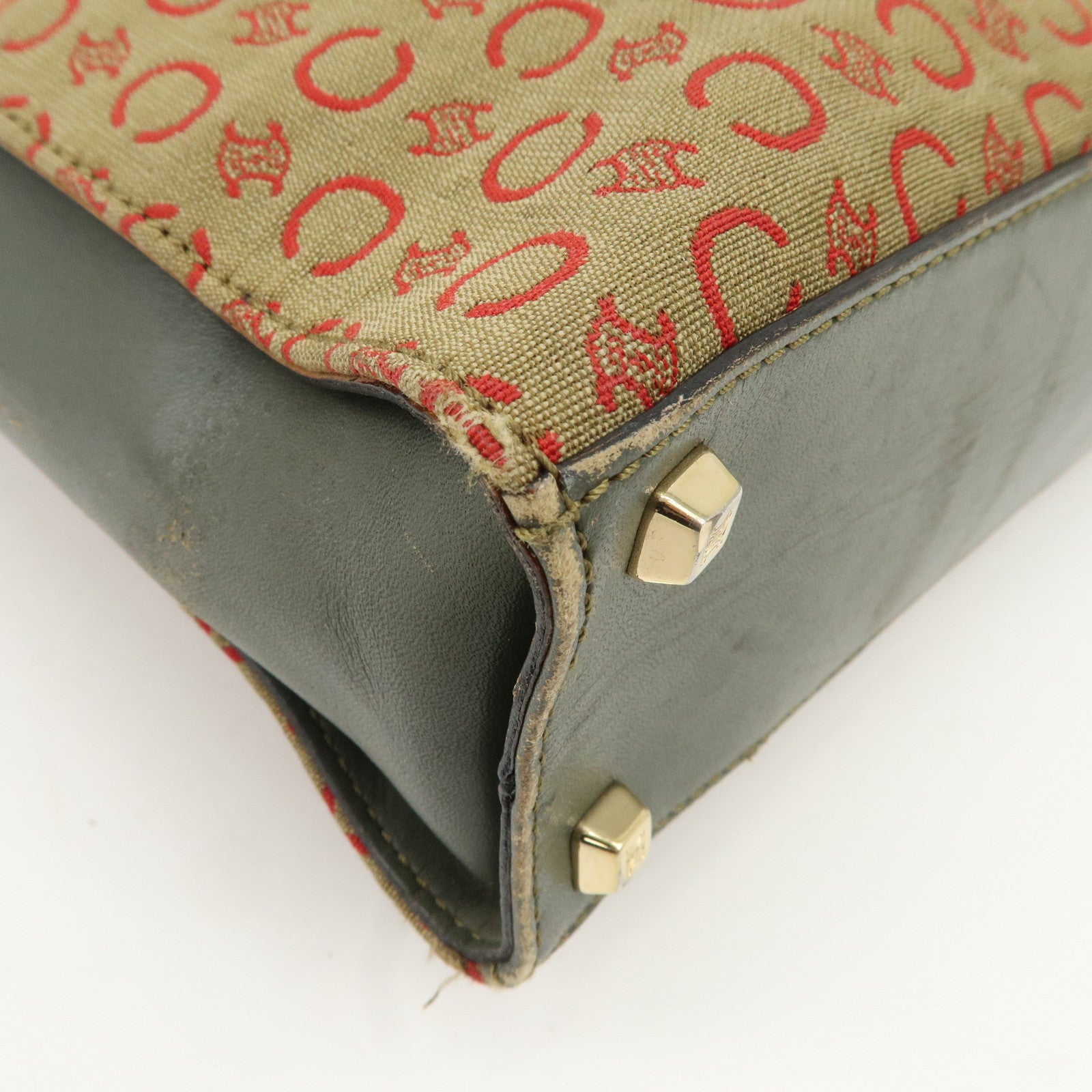 CELINE Macadam Canvas Hand Bag Brown Red Khaki Used