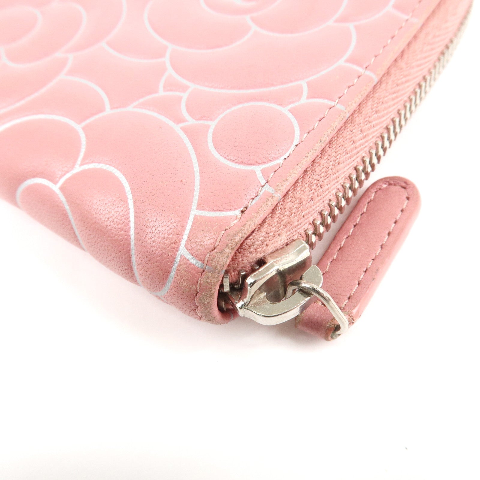 CHANEL Camellia Lamb Skin Long Zippy Wallet Pink A50085 Used