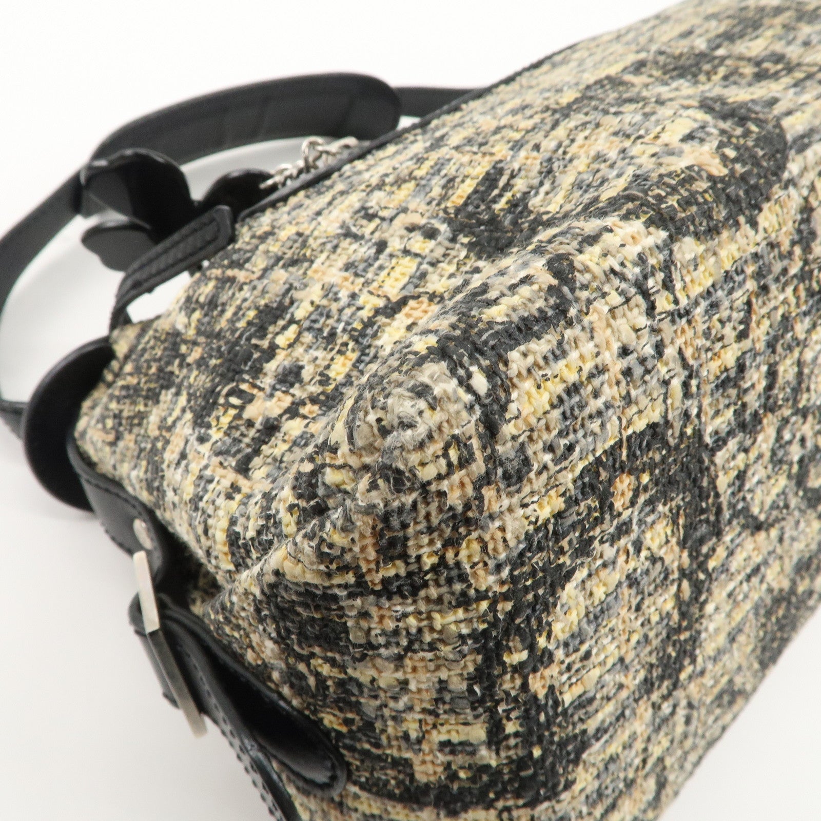 CHANEL Tweed Leather Shoulder Bag Hand Bag Black Beige Used