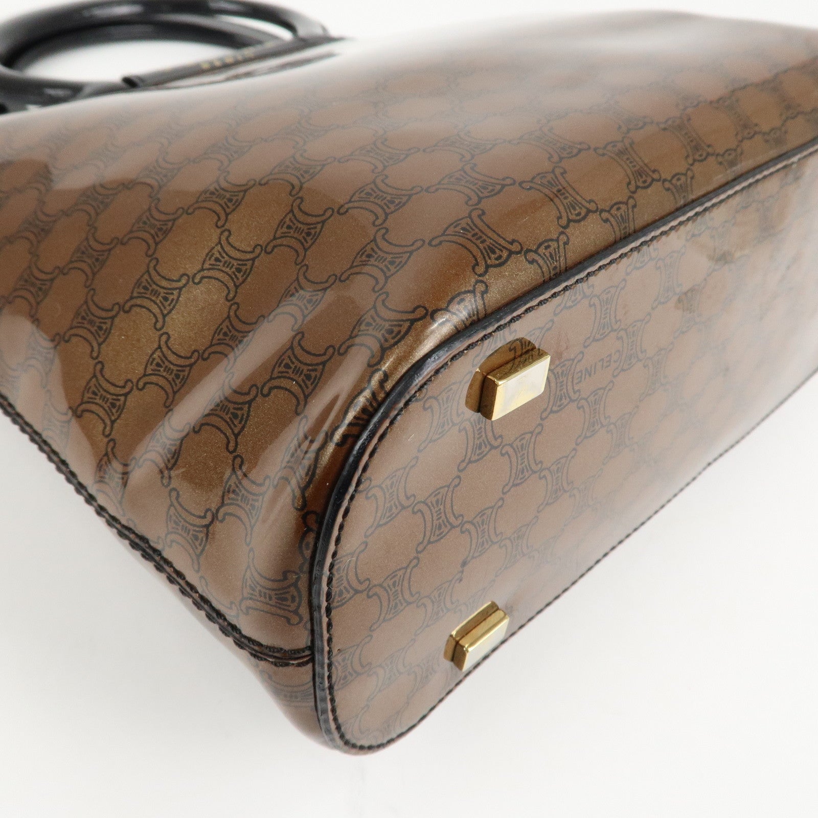 CELINE Macadam Patent Leather Mini Tote Bag Hand Bag Brown Black Used