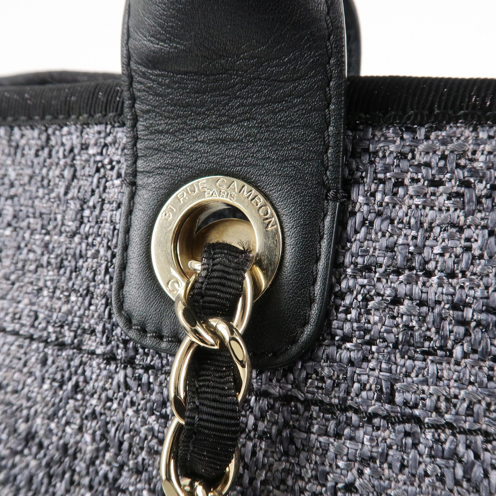 CHANEL Deauville Raffia Leather Chain Tote Bag GM A66941 Navy Used