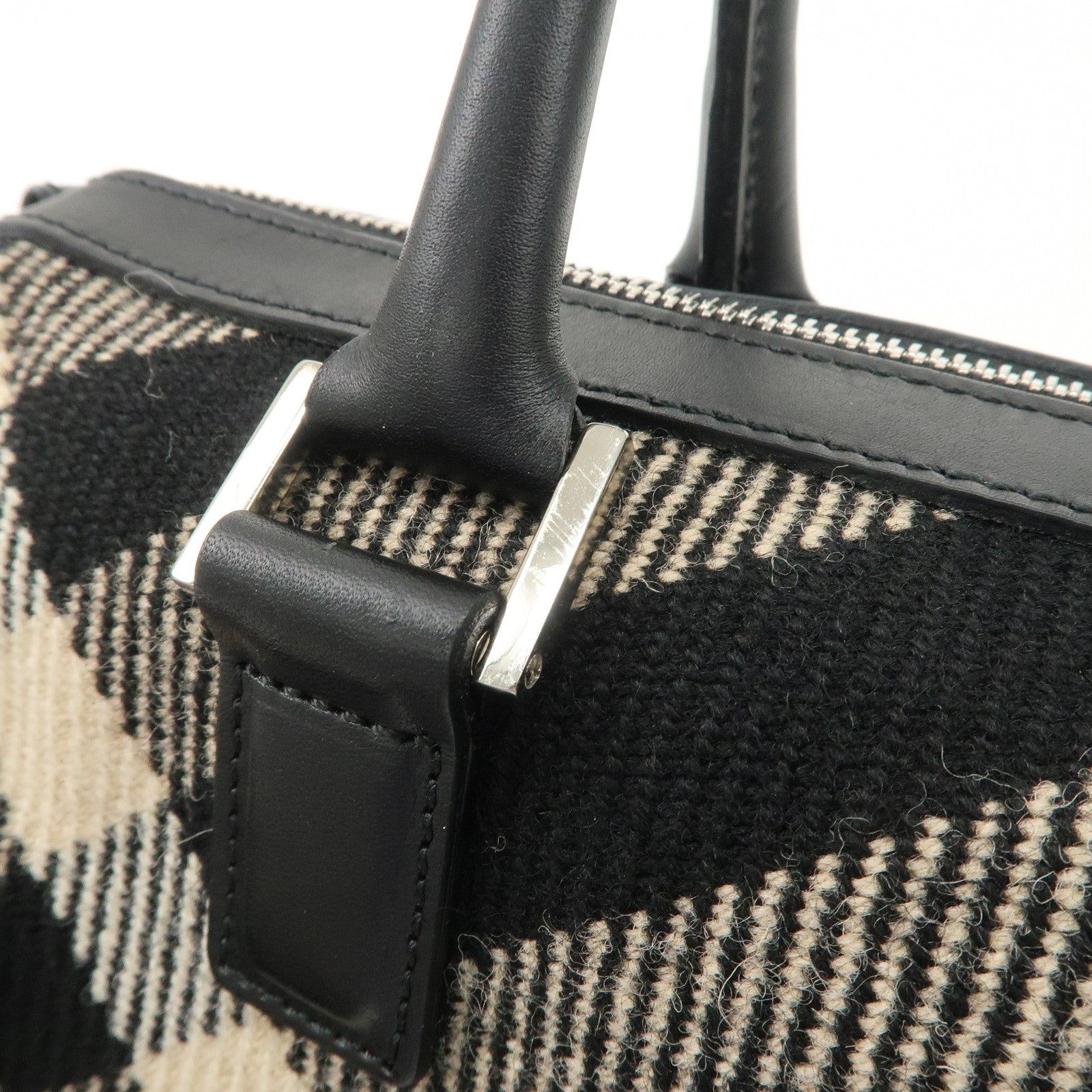 BURBERRY Wool Leather Boston Bag Hand Bag Black Beige Purple Used