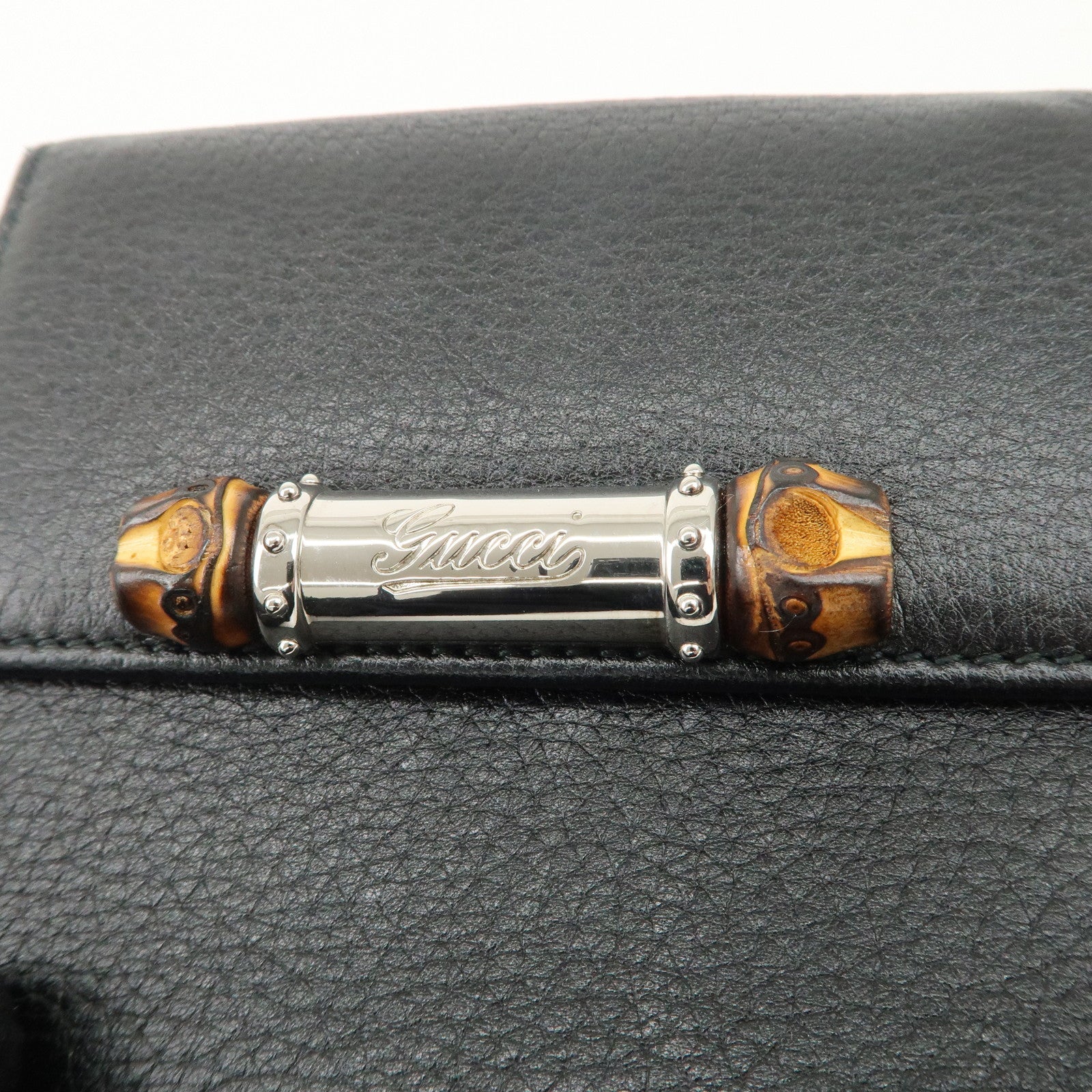 GUCCI Bamboo Leather W Hook Bi-fold Wallet Black 233049 Used
