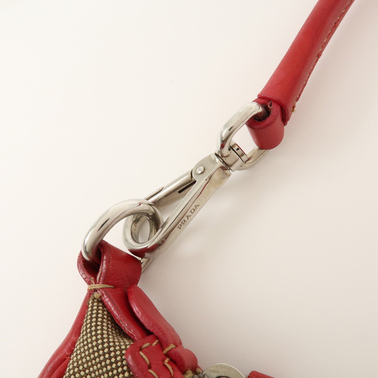 PRADA Logo Jacquard Leather Shoulder Bag Beige Red Used