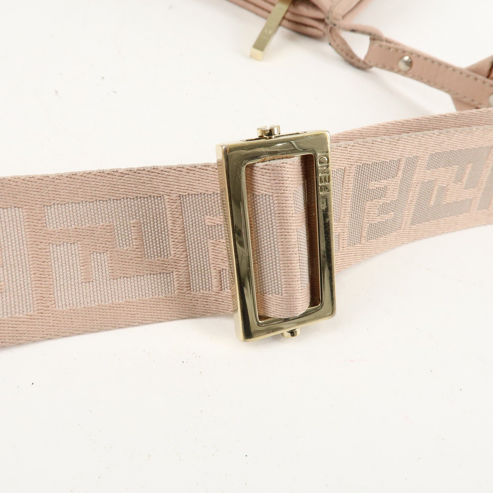 FENDI Logo Canvas Leather Shoulder Bag Beige Pink 8BT084 Used