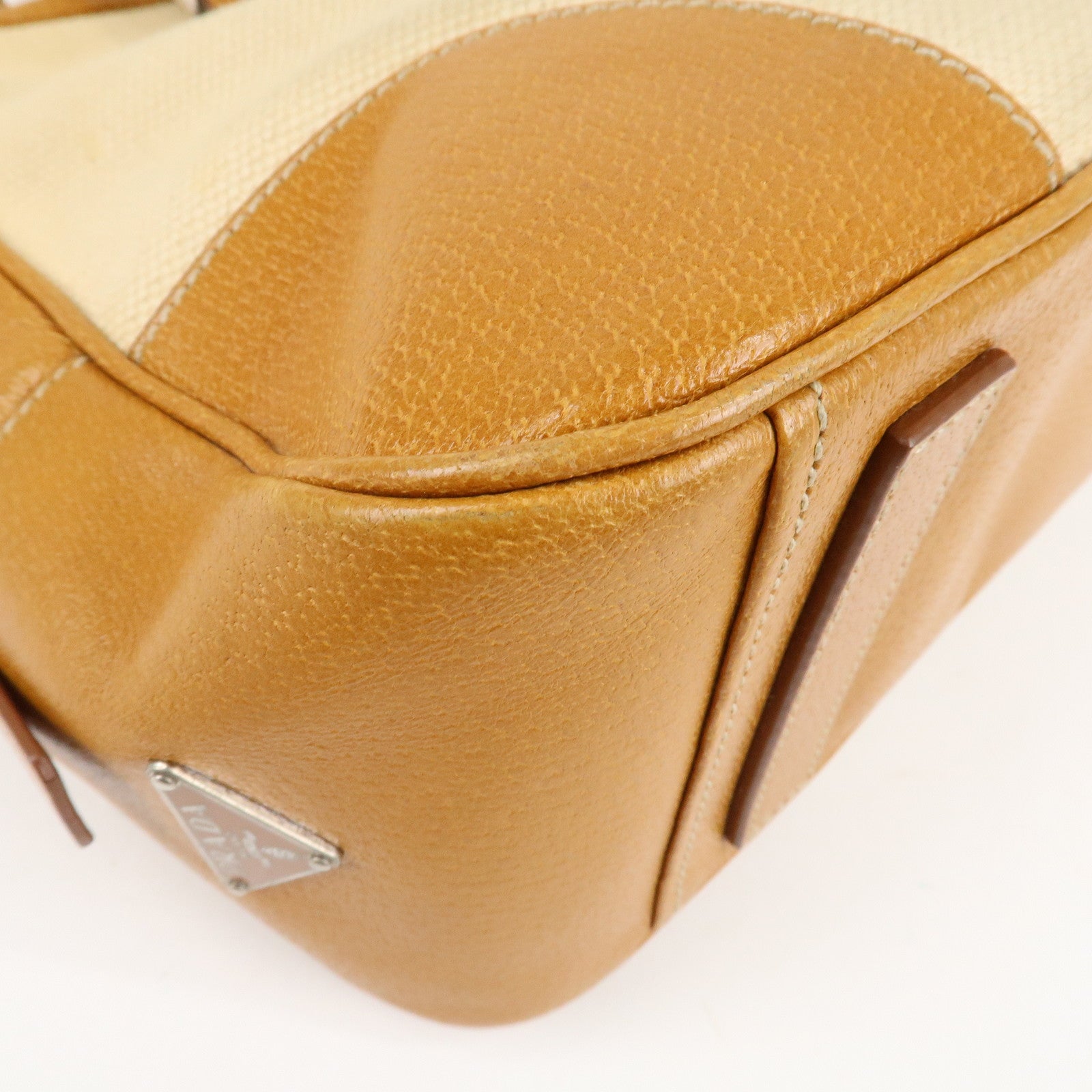 PRADA Canvas Leather Triangle Logo Boston Bag Ivory Brown Used