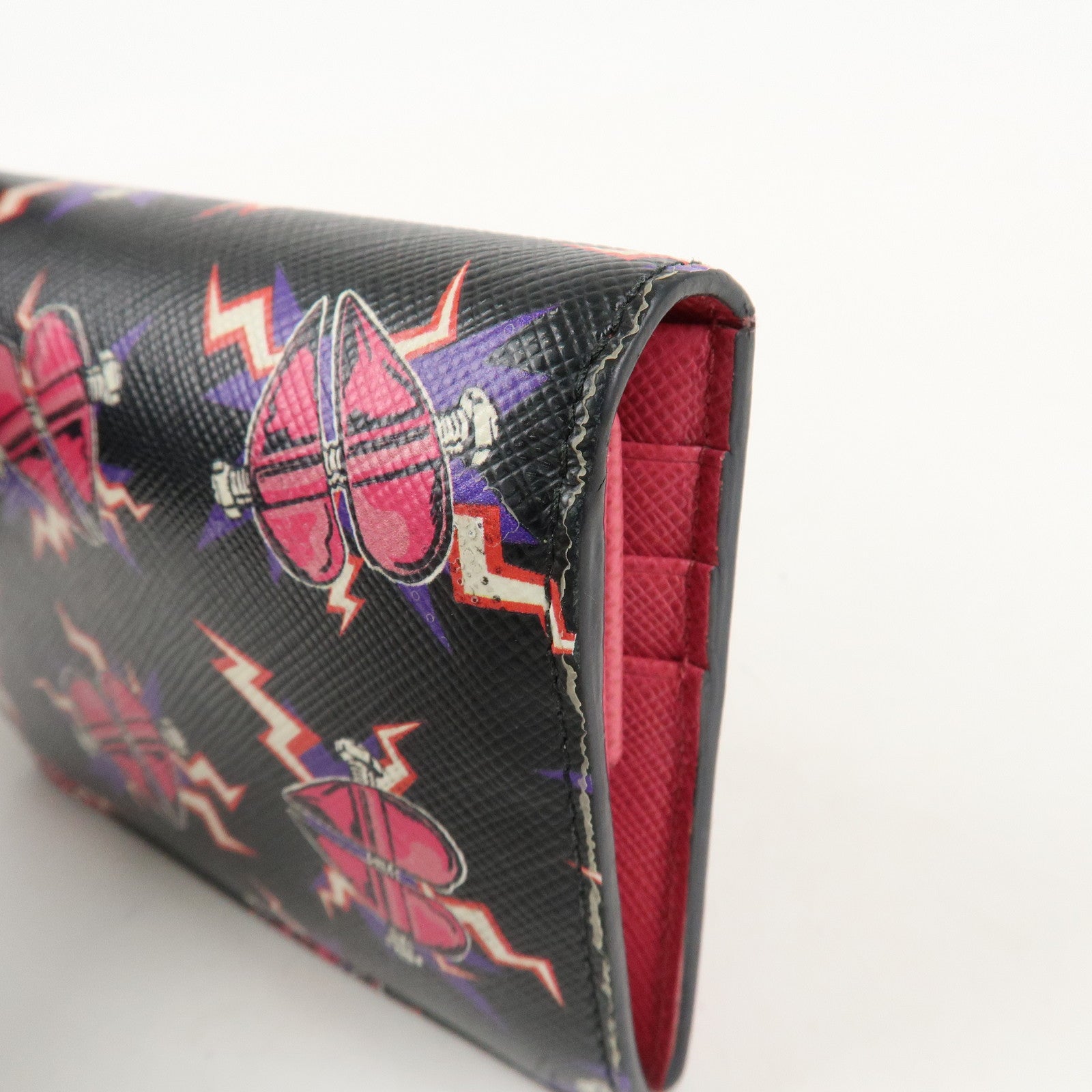 PRADA Logo Saffiano Leather Heart Print Bi-fold Wallet 1MV204 Used