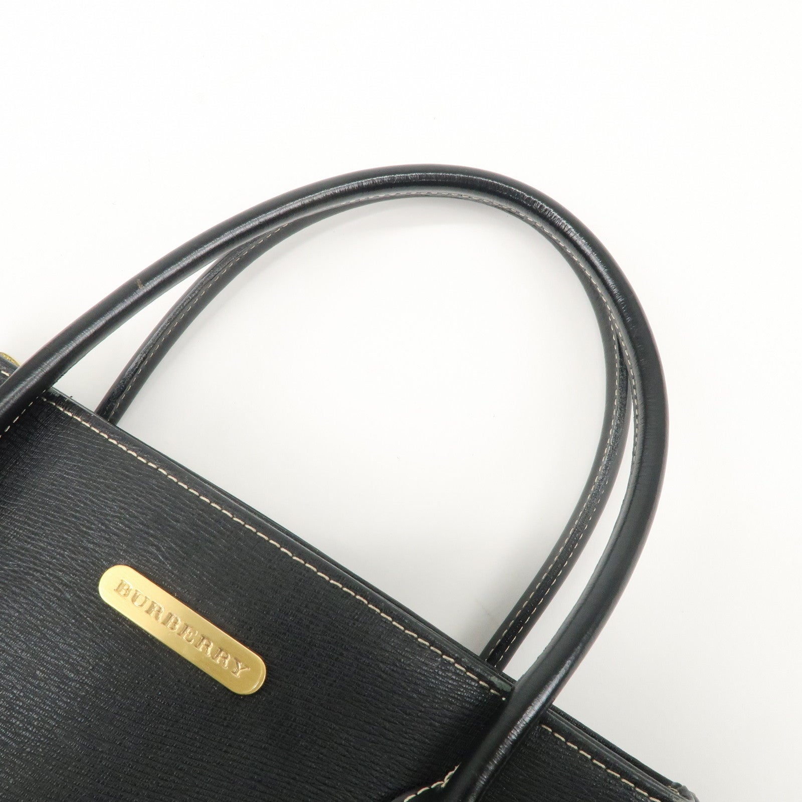 BURBERRY Logo Leather Tote Bag Hand Bag Black Used