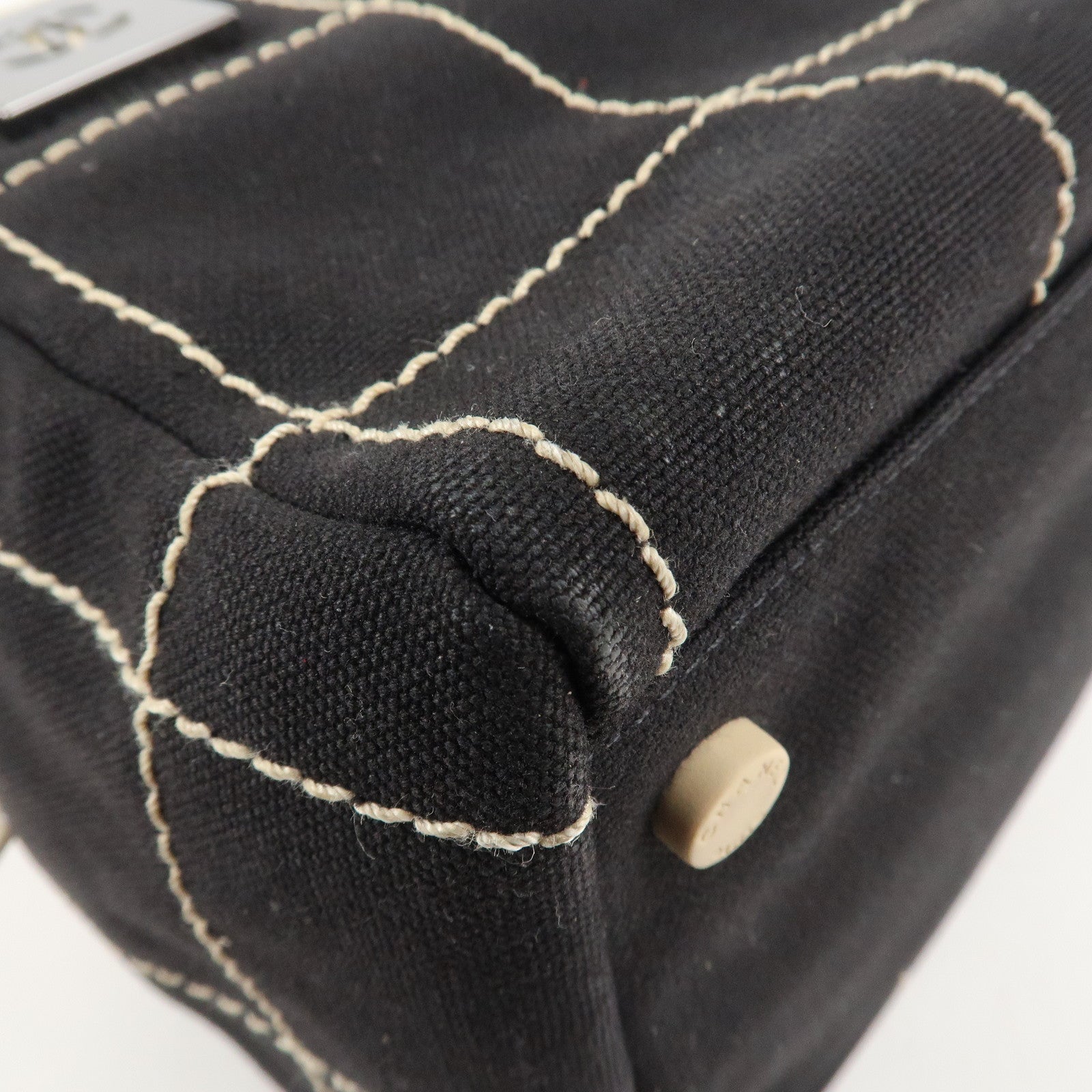 CHANEL Chocolate Bar Stitch Canvas Leather Mini Boston Bag Black Used