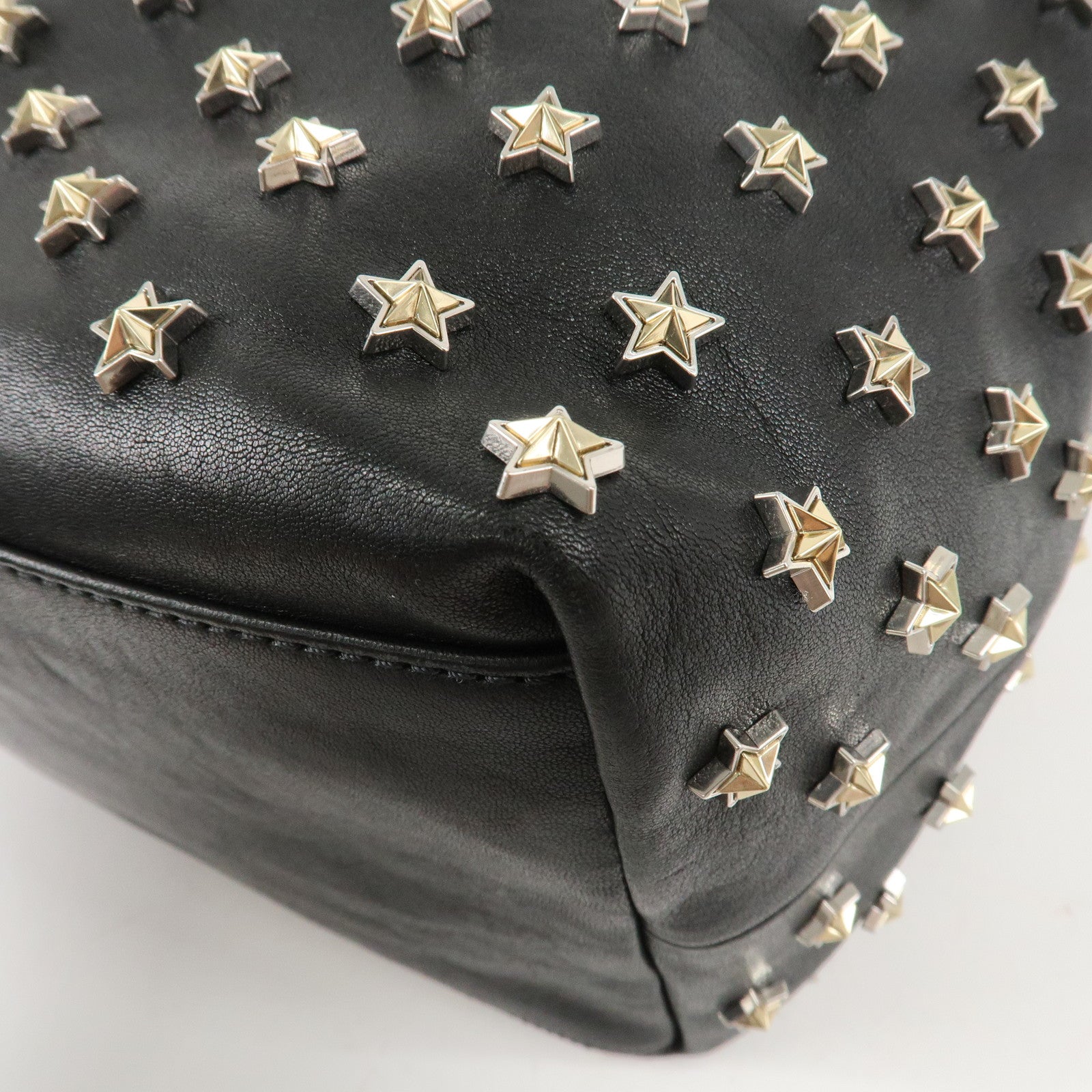 JIMMY CHOO Leather Tote Bag Hand Bag Star Studs Black Gold HDW Used