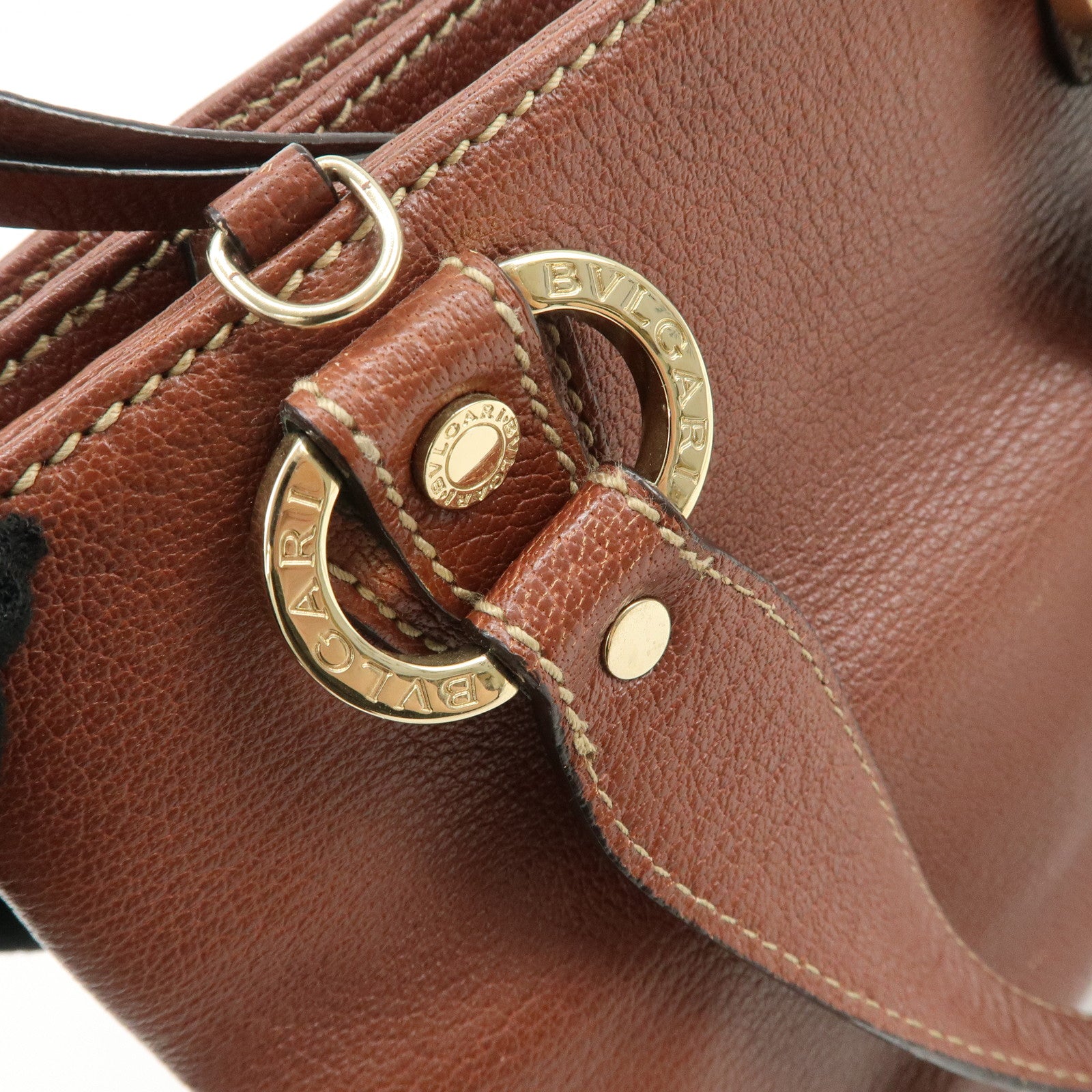 BVLGARI Leather Front Pocket Hand Bag Tote Bag Brown Used