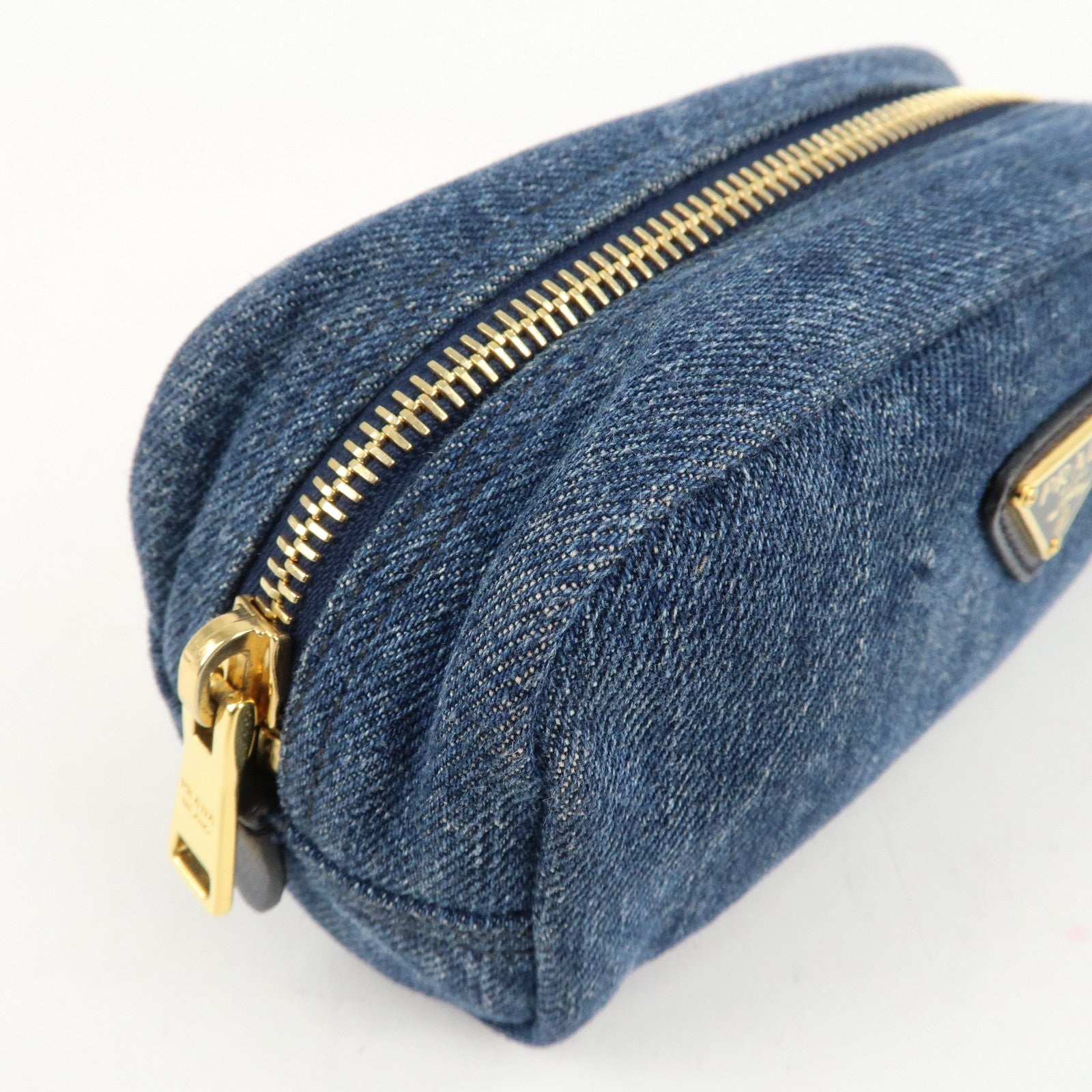 PRADA Triangle Logo Denim Pouch Cosmetic Pouch Blue Used