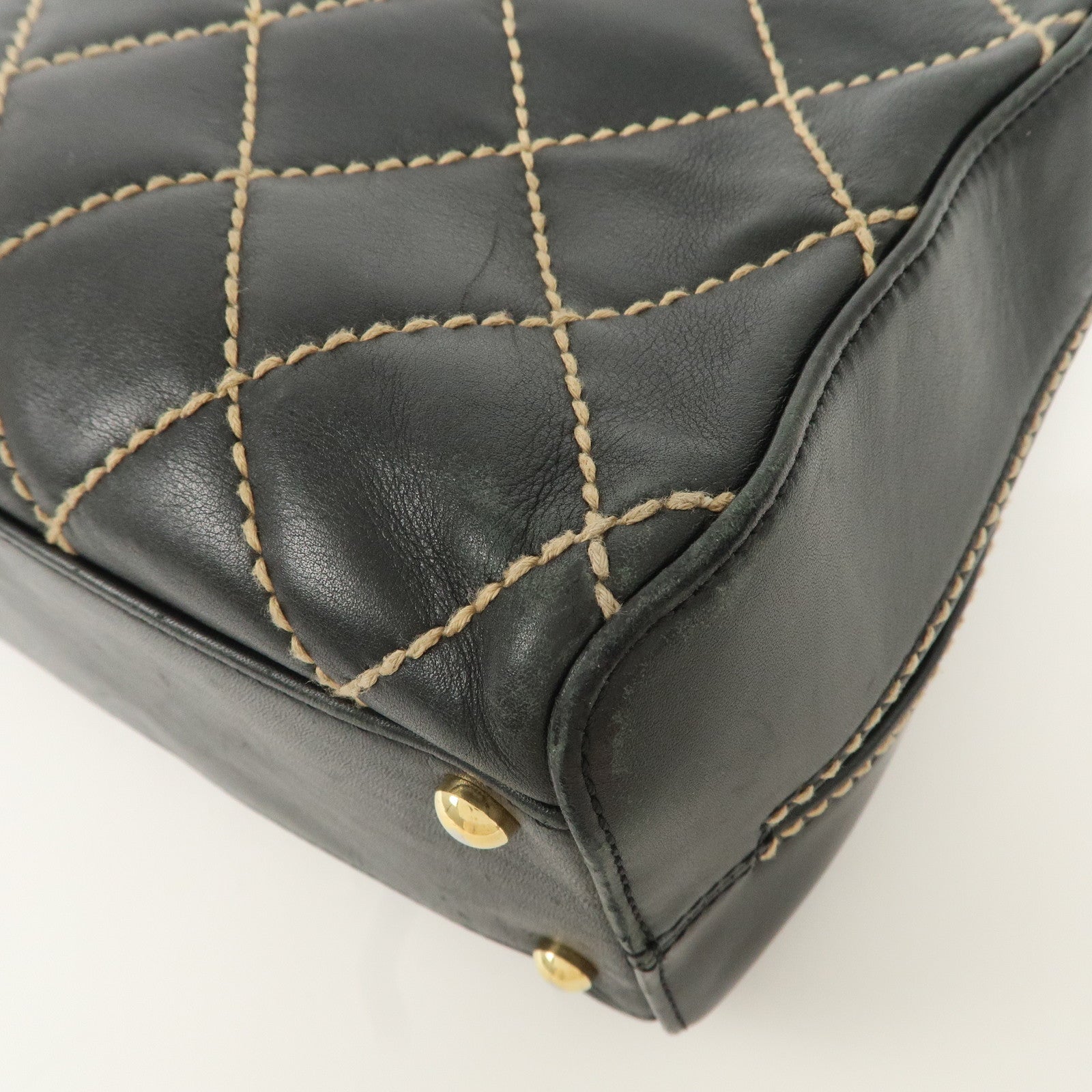 CHANEL Wild Stitch Lamb Skin COCO Mark Hand Bag Black A14692 Used