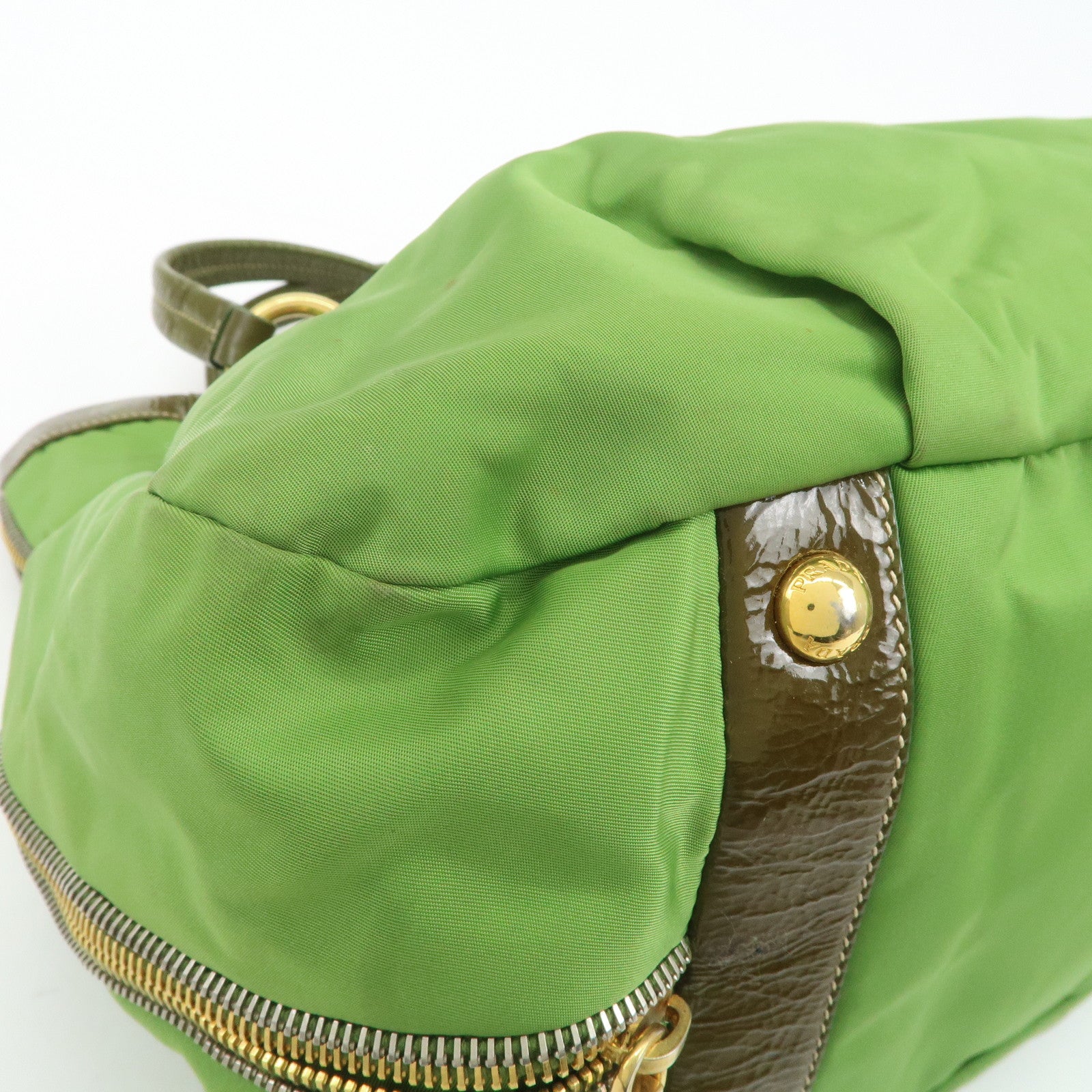 PRADA Nylon Patent Leather Tote Bag Shoulder Bag Green Khaki Used