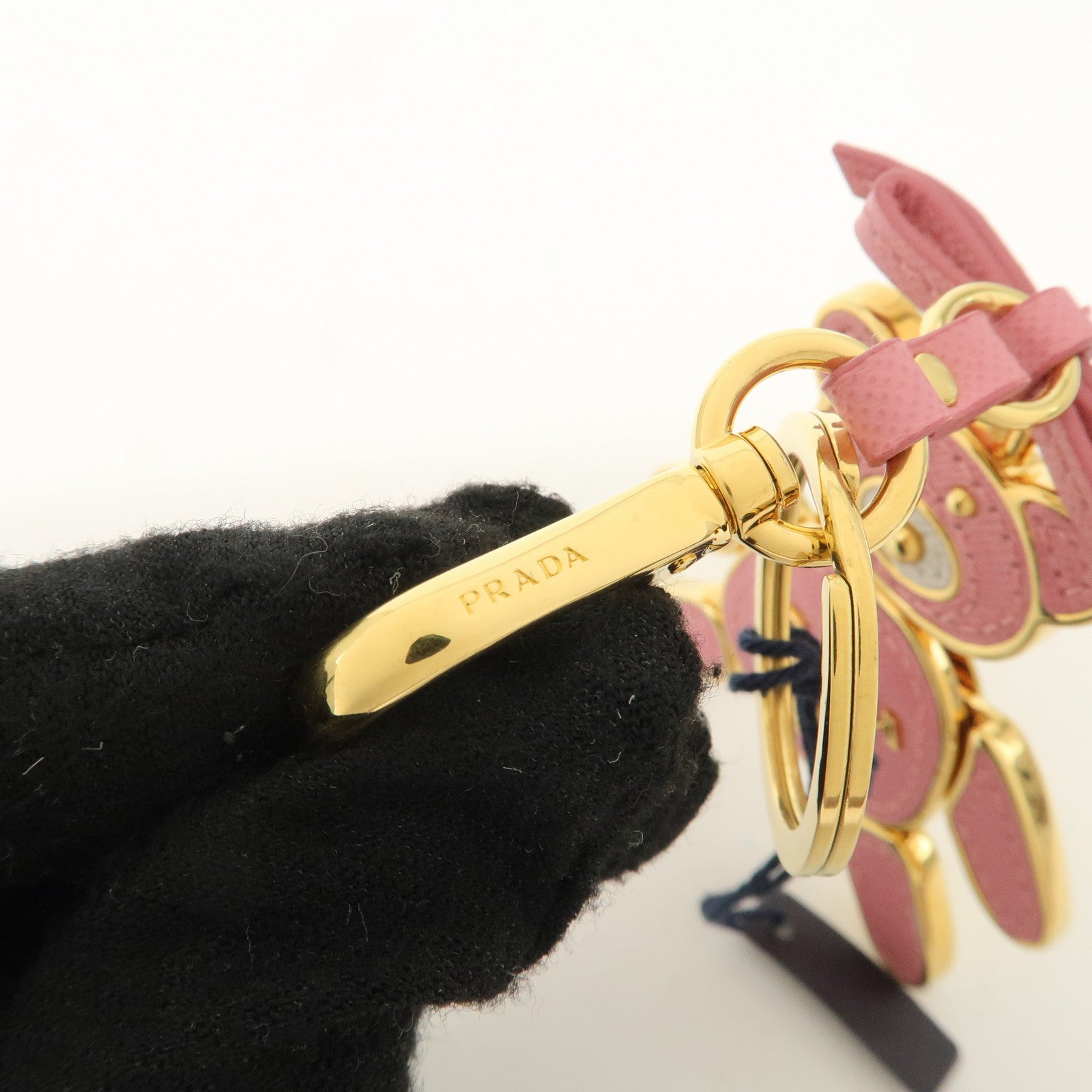 PRADA Saffiano Leather Metal Bear Bag Charm Key Chain Pink Used