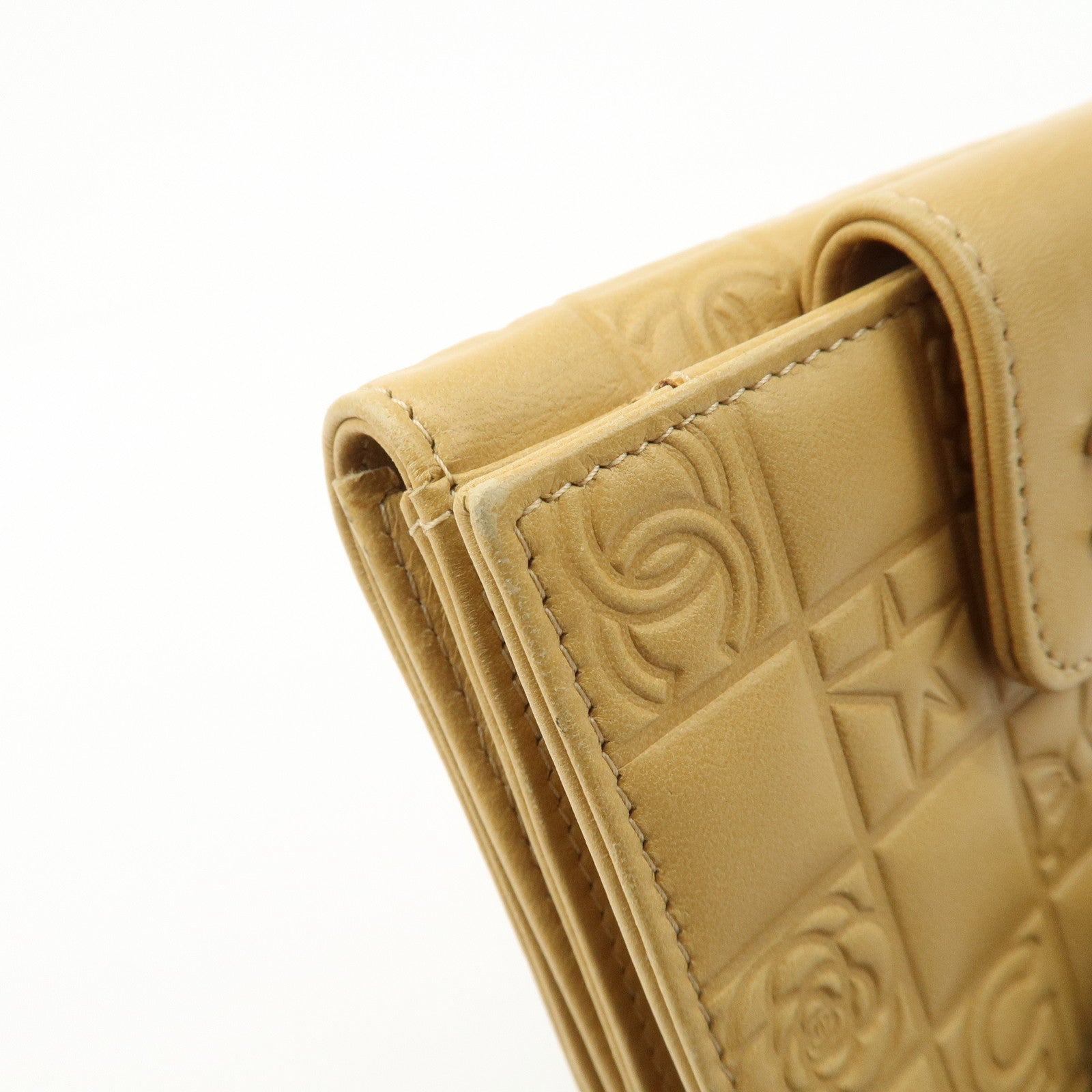 CHANEL Icon Line Lamb Skin W Flap Bi-fold Wallet Beige A24212 Used