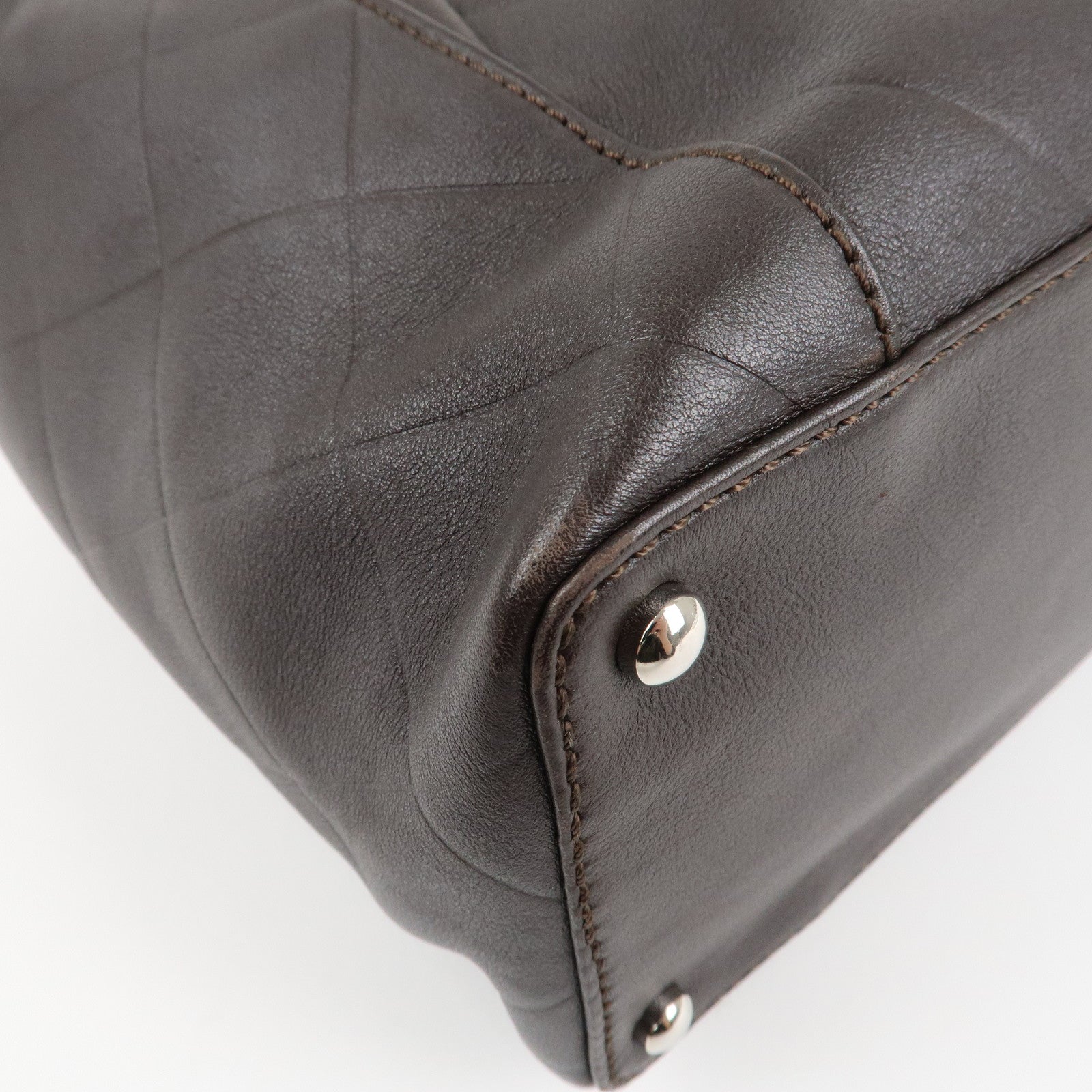 CHANEL COCO Mark Shevron Lamb Skin V Stich Tote Bag Dark Brown Used