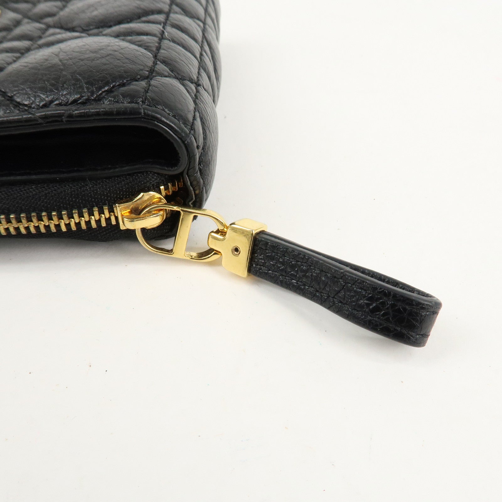 Christian Dior Cannage Leather Bi-fold Wallet Black Gold HDW Used