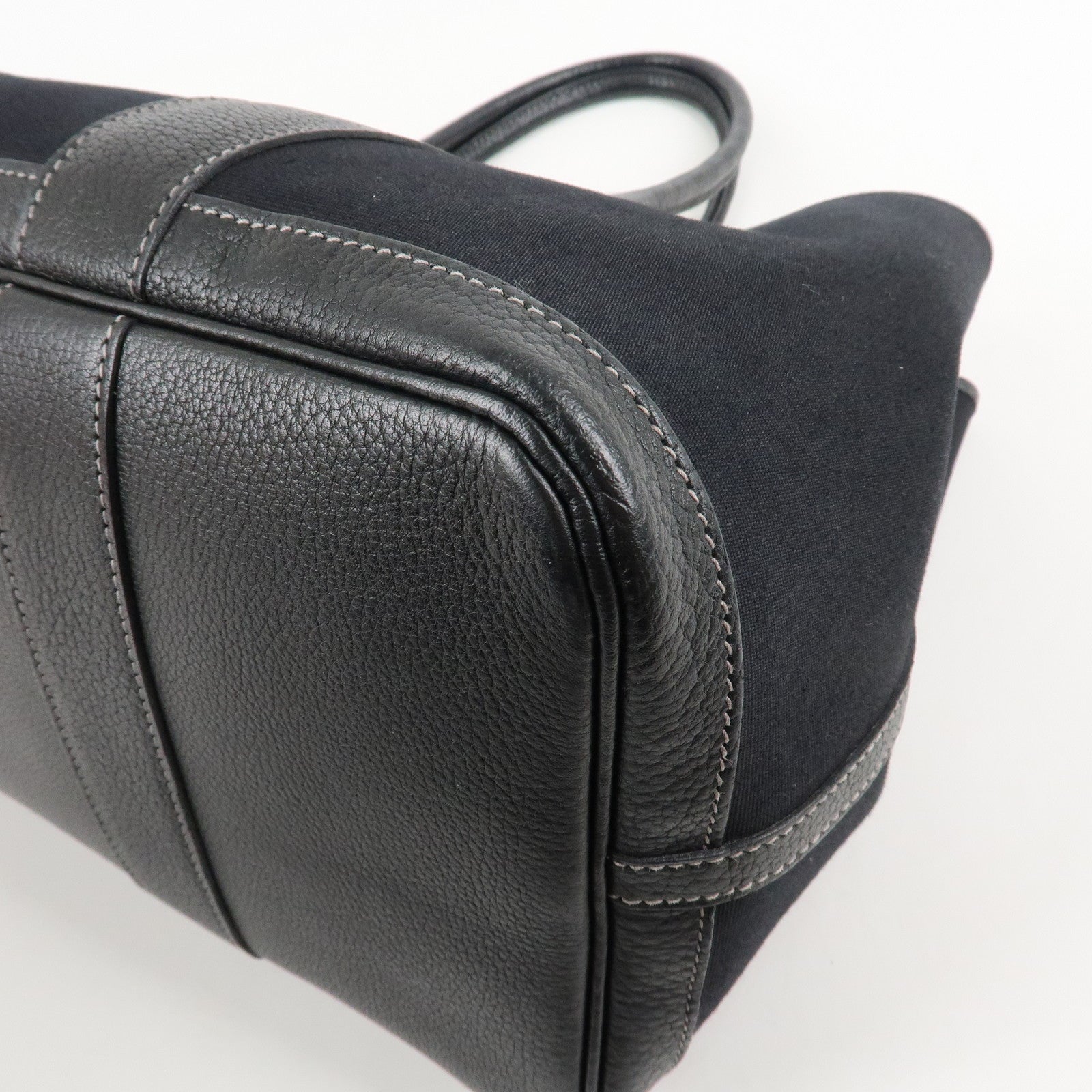 HERMES Garden Party PM G Stamped Canvas Leather Tote Bag Black Used