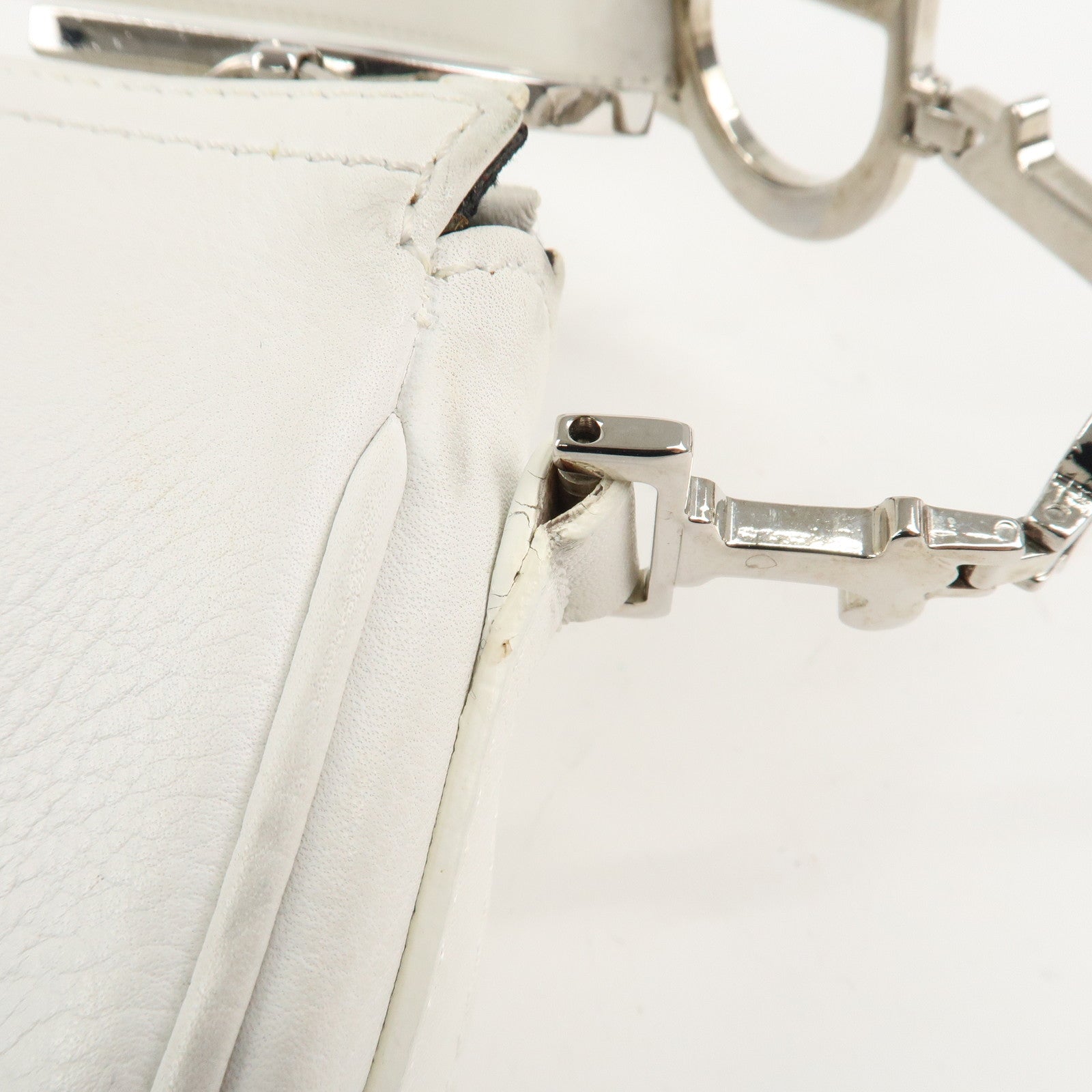 Christian Dior Canvas Leather Logo Charm Hand Bag White Used