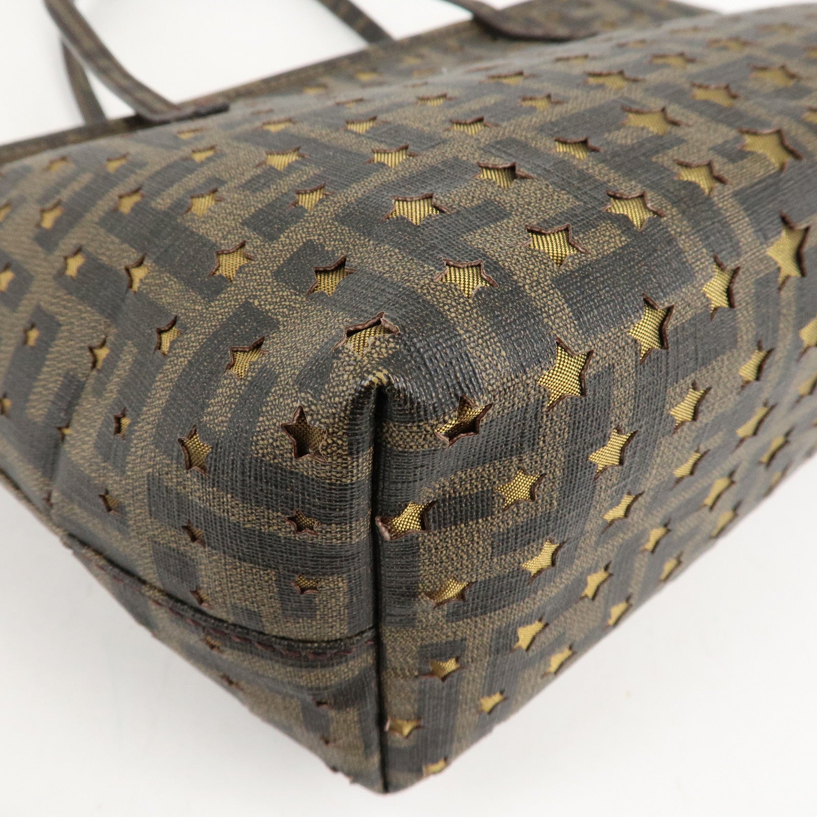 FENDI Zucca PVC Nylon Tote Bag Star Punching Brown Black 8BH223 Used