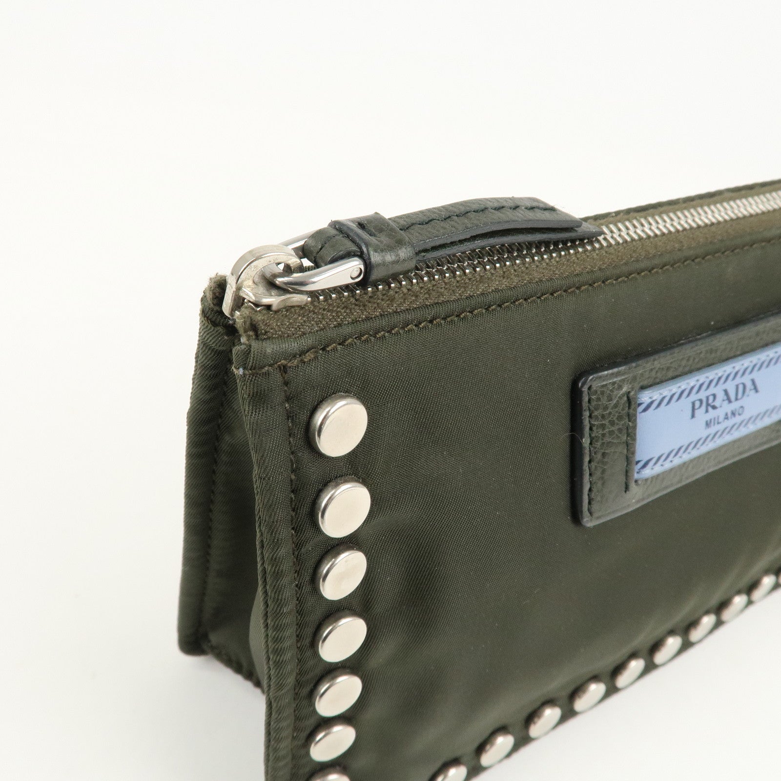 PRADA Tessuto Travel Pouch Studs Military Silver HDW Used