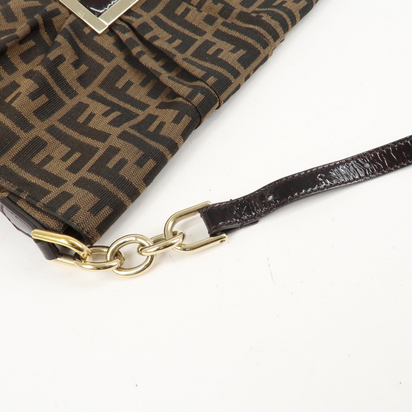 FENDI Zucca Canvas Patent Shoulder Bag Brown Black 8BT163 Used