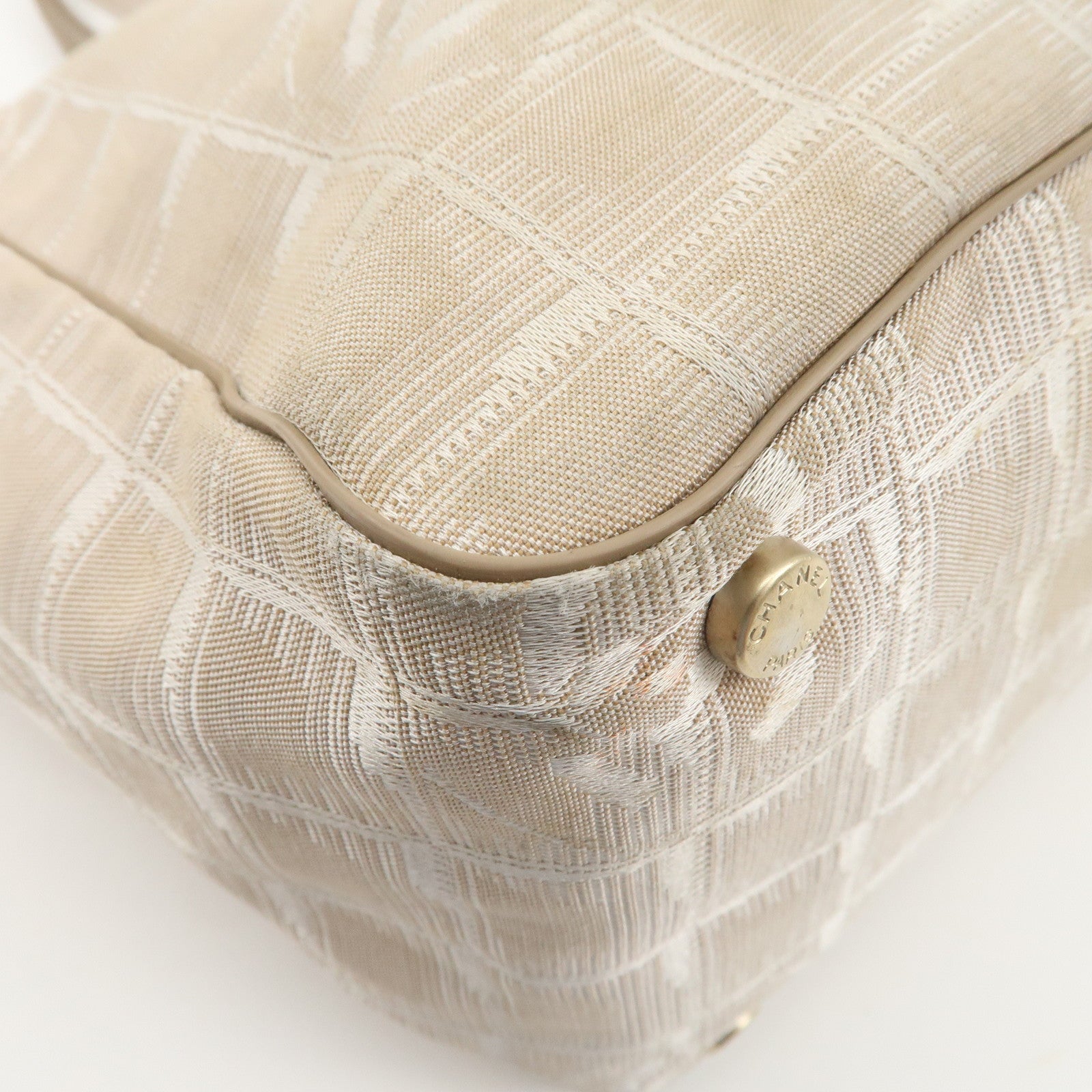 CHANEL New Travel Line Nylon Jacquard Leather Tote Bag Beige A15991 Used