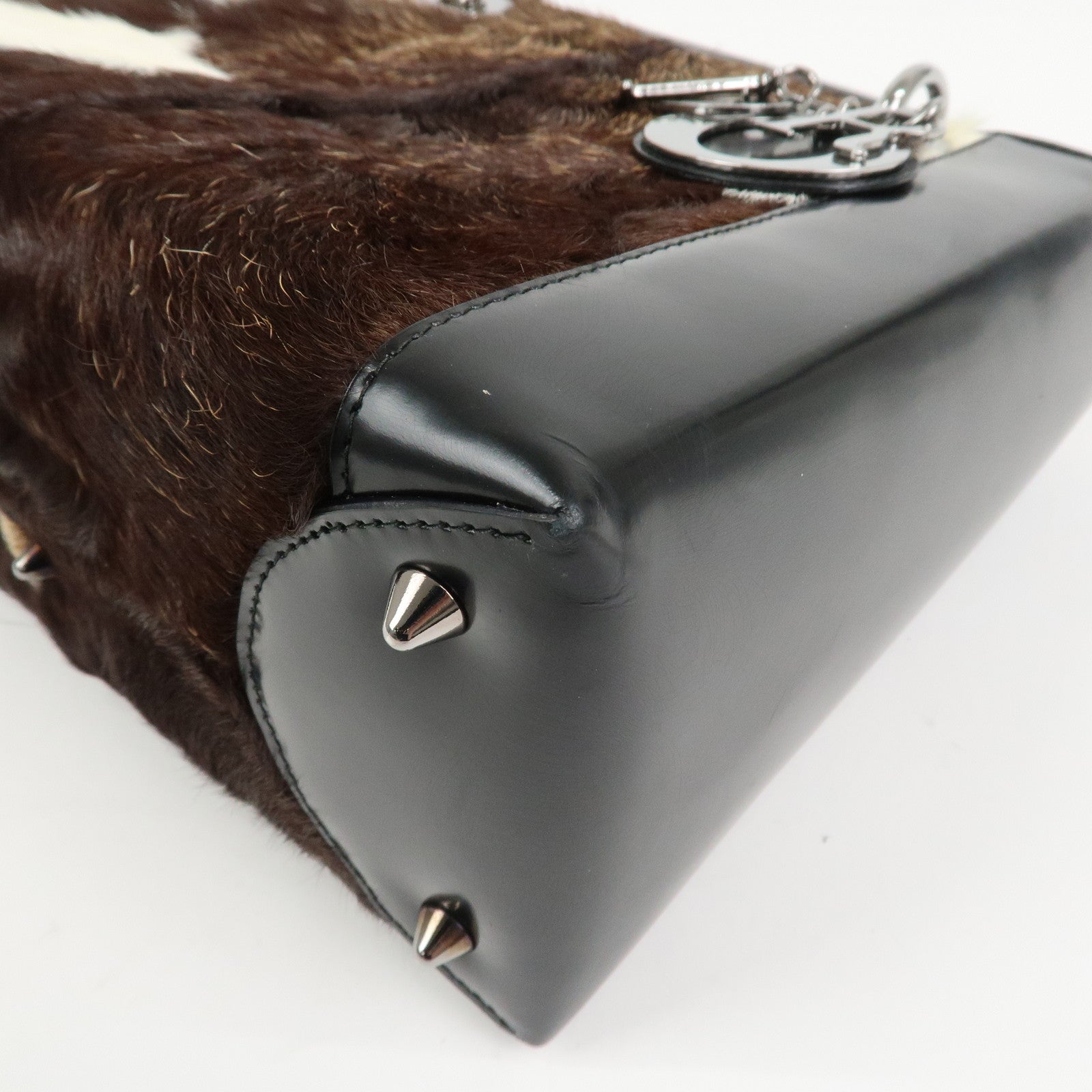 Christian Dior Lady Dior Unborn Calf Patent Leather Hand Bag Black
