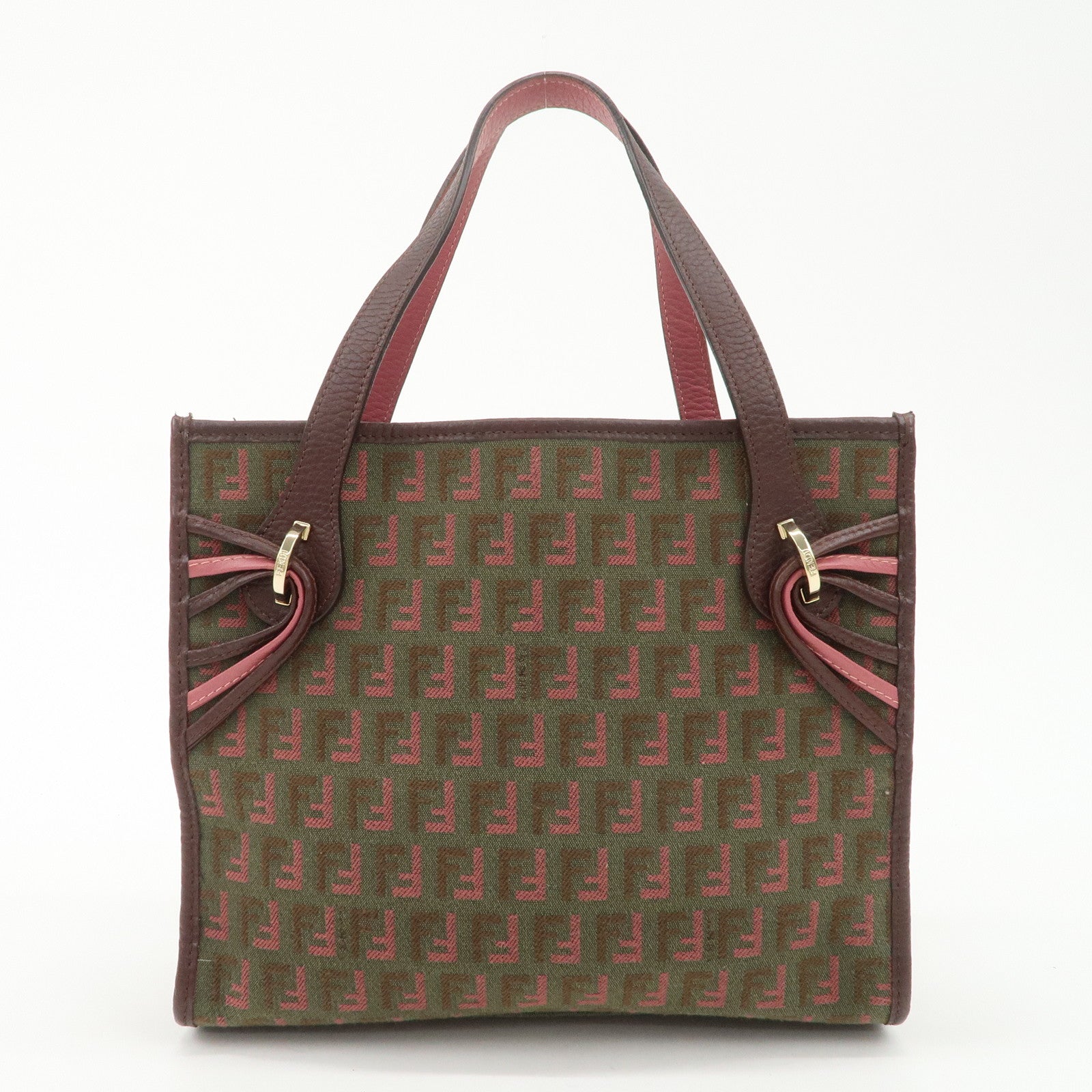 FENDI Zucchino Leather Canvas Hand Bag Khaki Bordeaux
