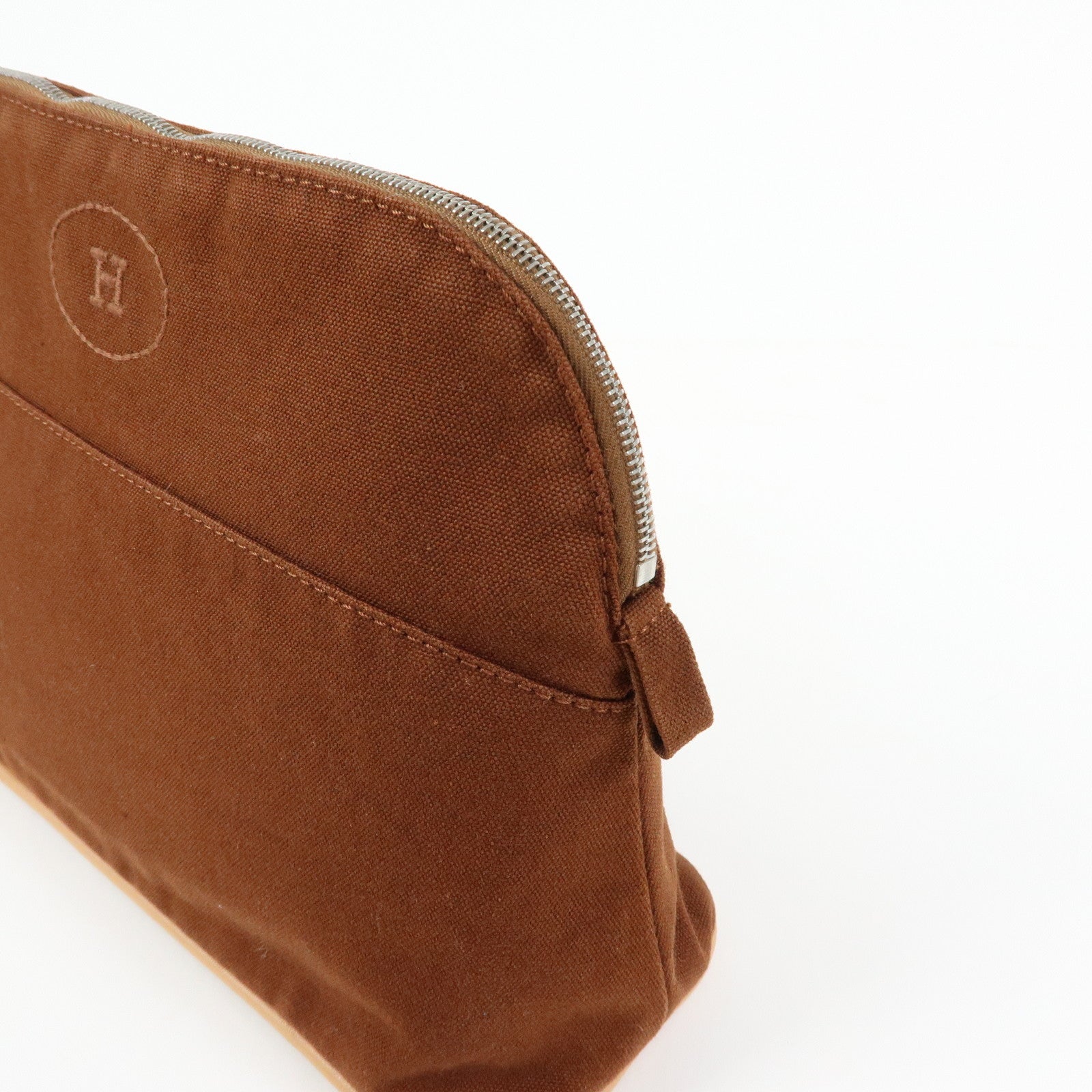 HERMES Bolide MM Cotton Leather Cosmetic Pouch Brown Beige