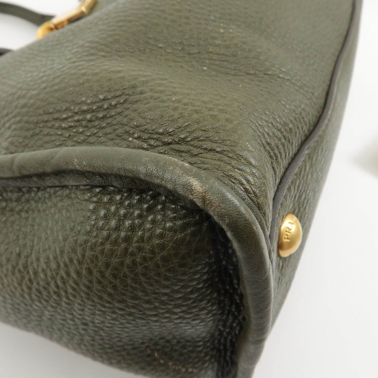 PRADA Leather 2Way Bag Hand Bag Shoulder Bag Khaki BL0805 Used