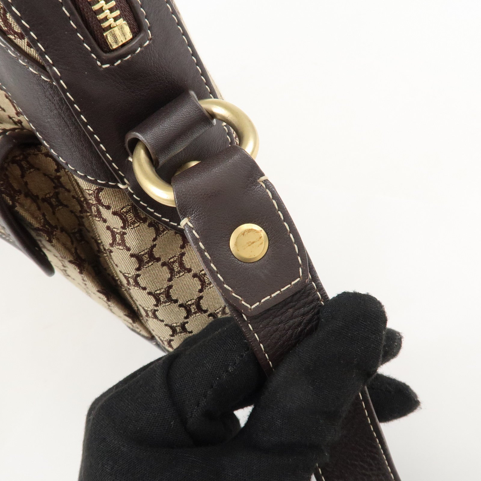 CELINE Macadam Canvas Leather Shoulder Crossbody Bag Beige Brown Used