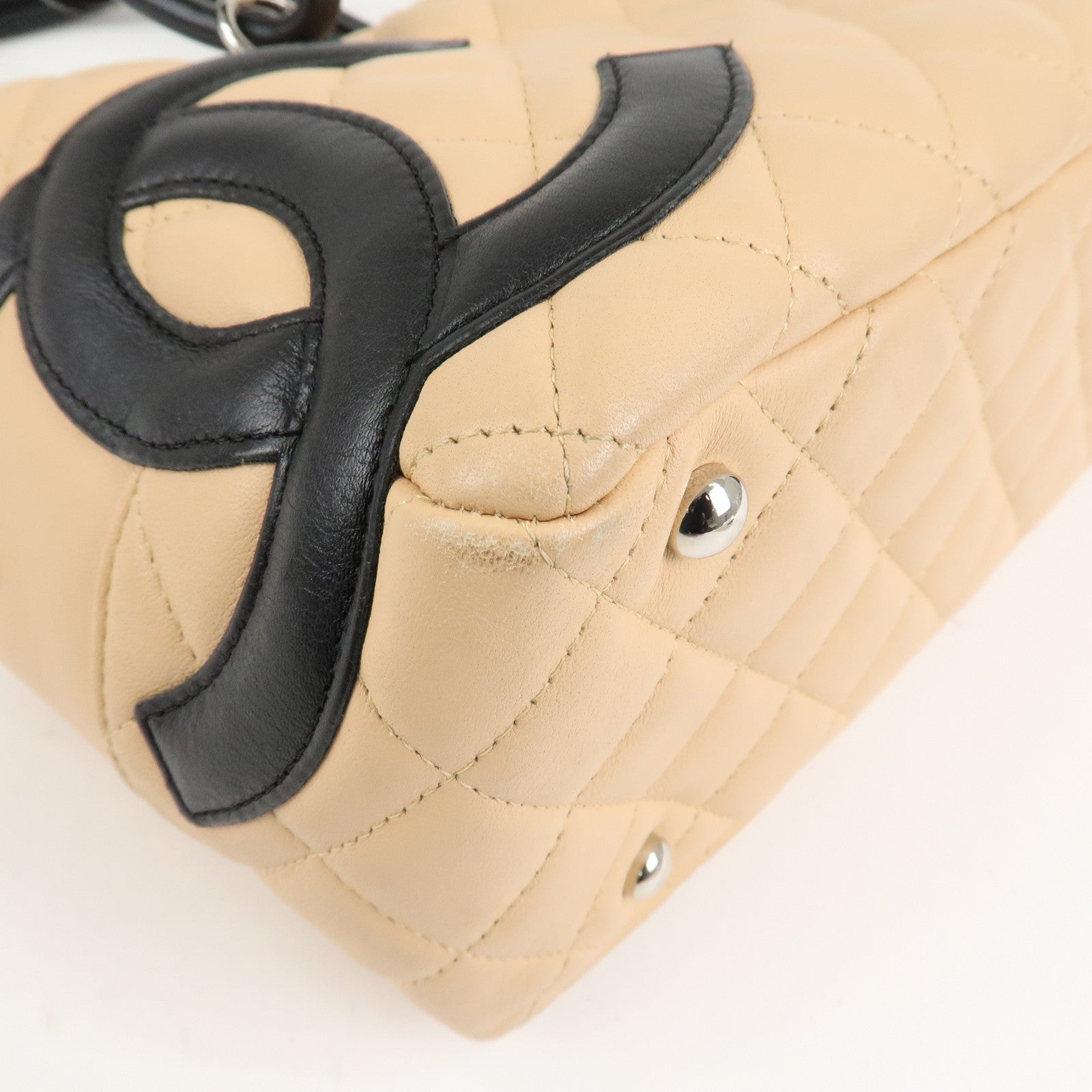 CHANEL Cambon Line Lamb Skin Bowling Bag Hand Bag Beige A25171 Used