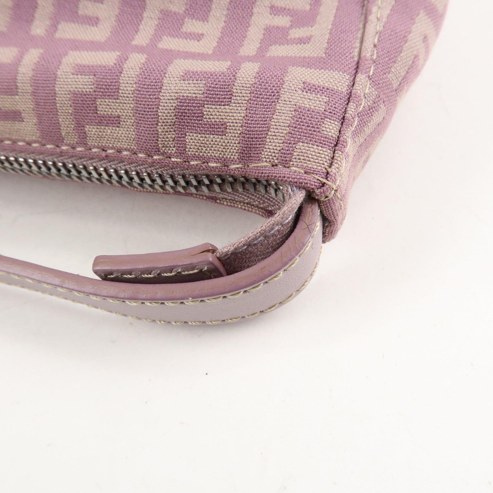 Auth FENDI Zucchino Canvas Leather Hand Bag Pouch Purple Beige 8N0005 Used F/S Used