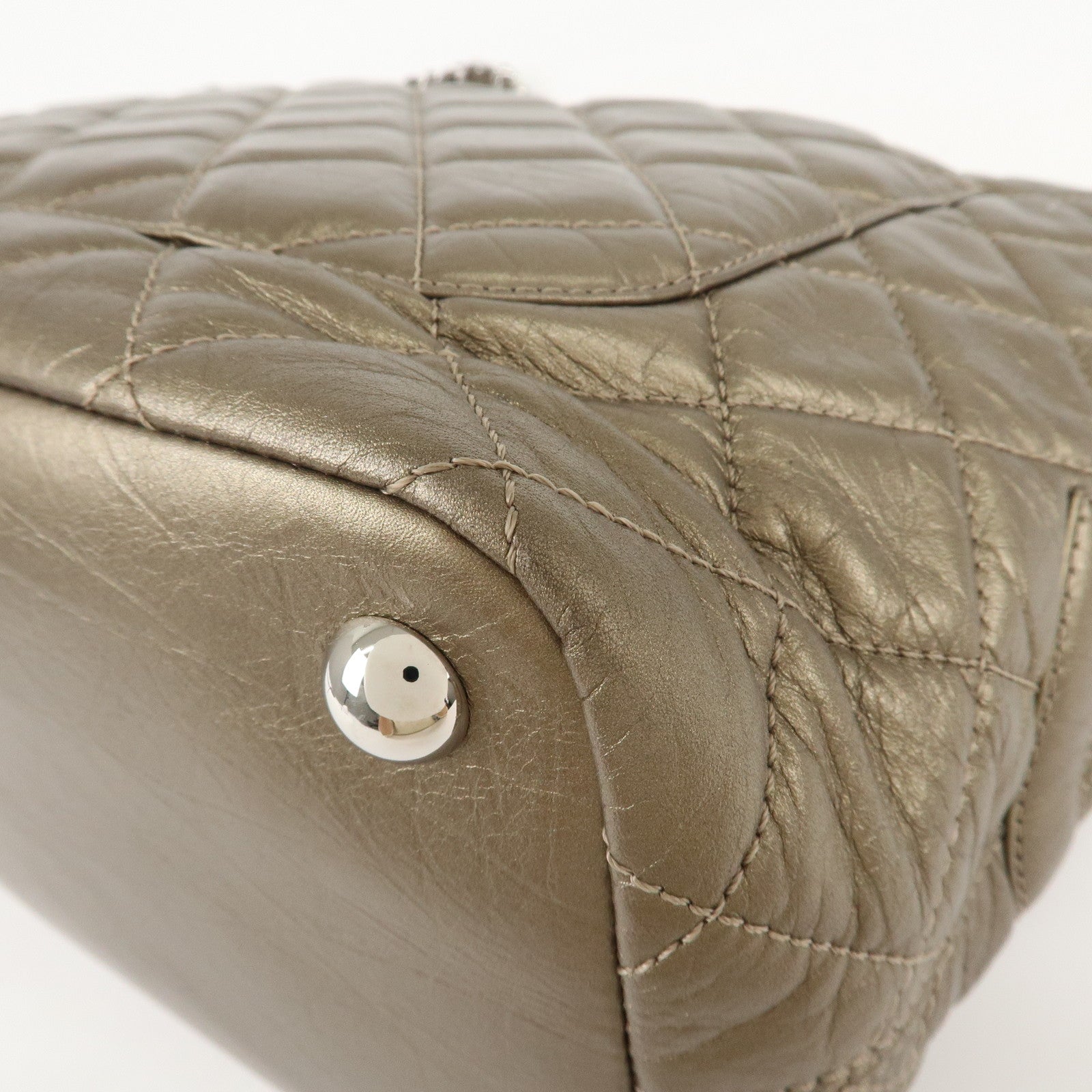 CHANEL Cambon Line Lamb Skin Cotton Club Hand Bag Bronze A34318 Used