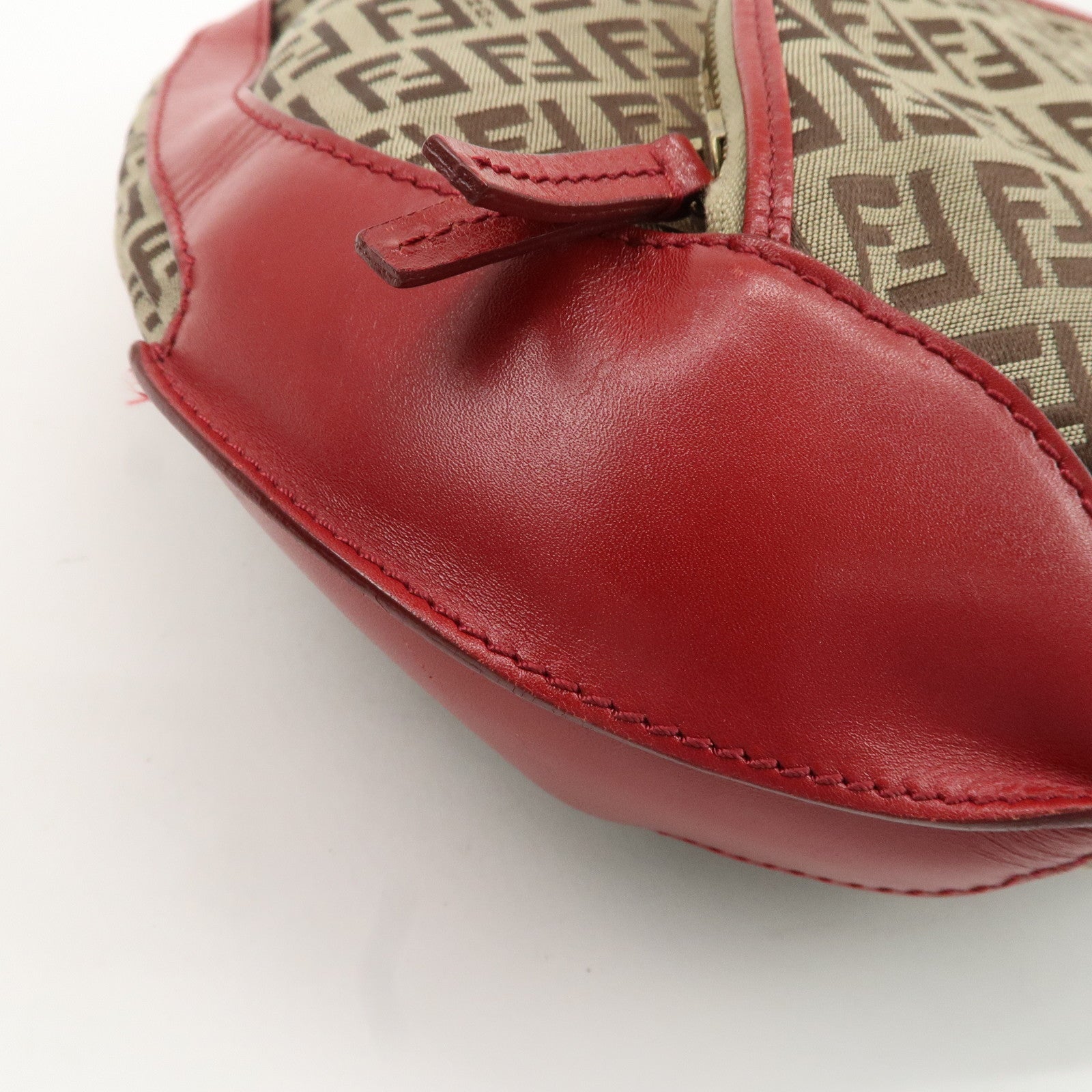 FENDI Zucchino Canvas Leather Shoulder Bag Khaki Brown Red 8BR465 Used