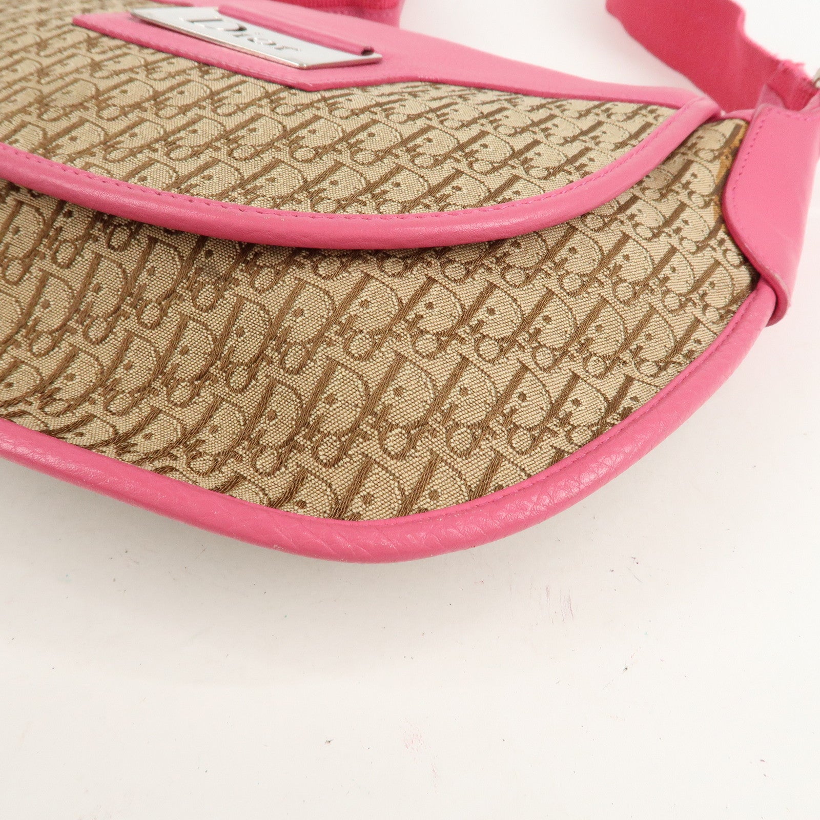Christian Dior Trotter Canvas Leather Shoulder Bag Beige Pink Used